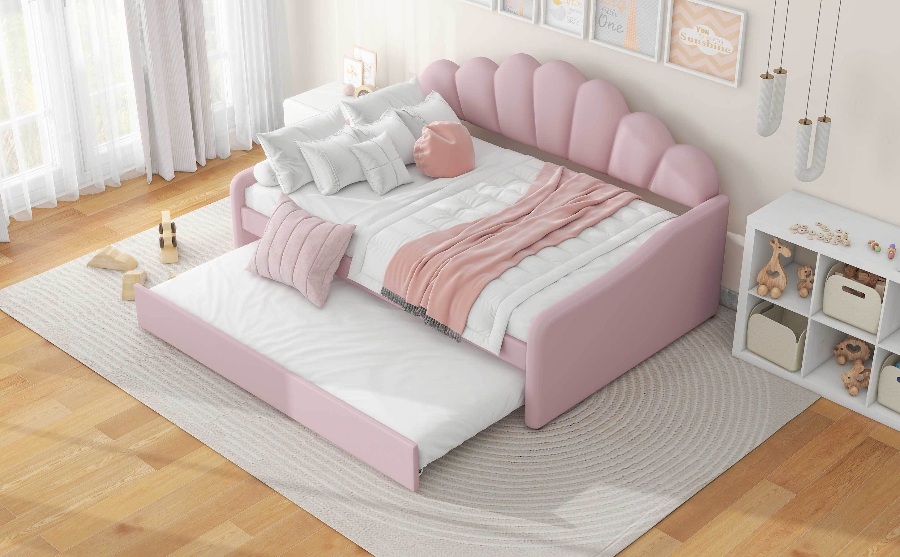 Full Size Upholstery Daybed Frame with Shall Shaped Backrest  and Trundle,Pink