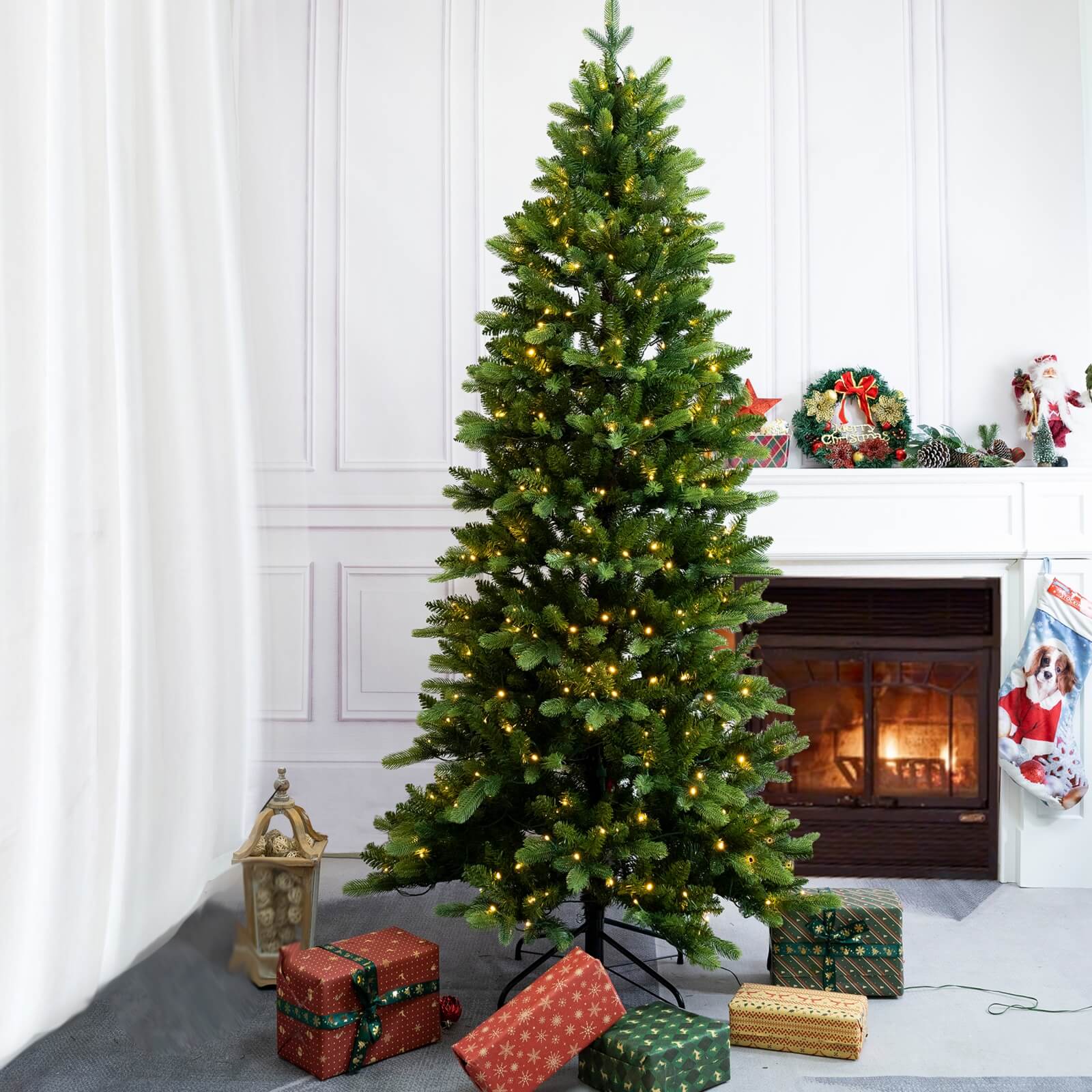 6FT Artificial Christmas Tree with Realistic PE PVC and Warm White LED Lights(PJT-2505-6FT)