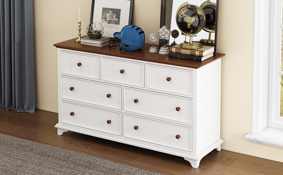 Wooden Captain Seven-Drawer Dresser for Bedroom, Living Room, Kids' Room, White+Walnut