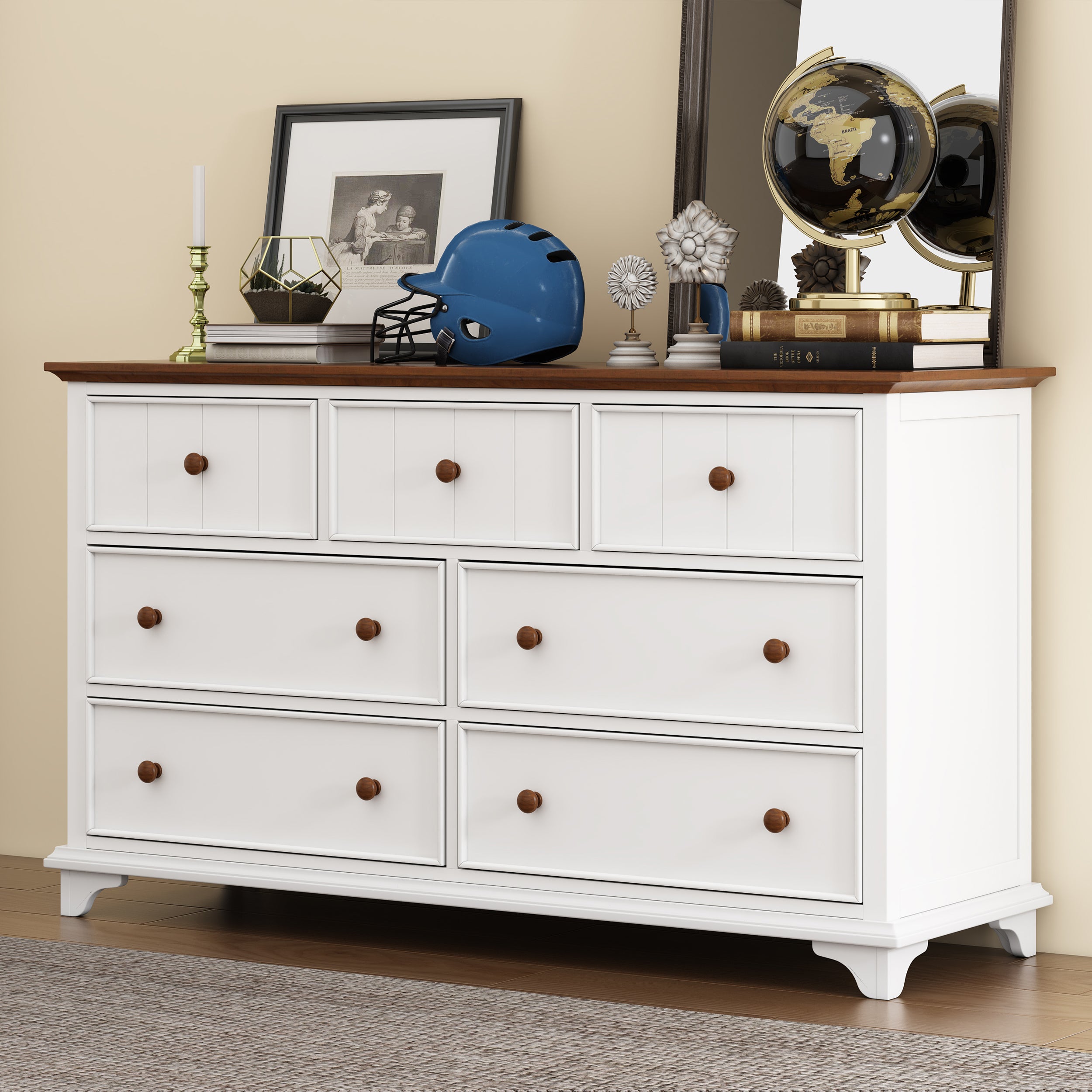 Wooden Captain Seven-Drawer Dresser for Bedroom, Living Room, Kids' Room, White+Walnut