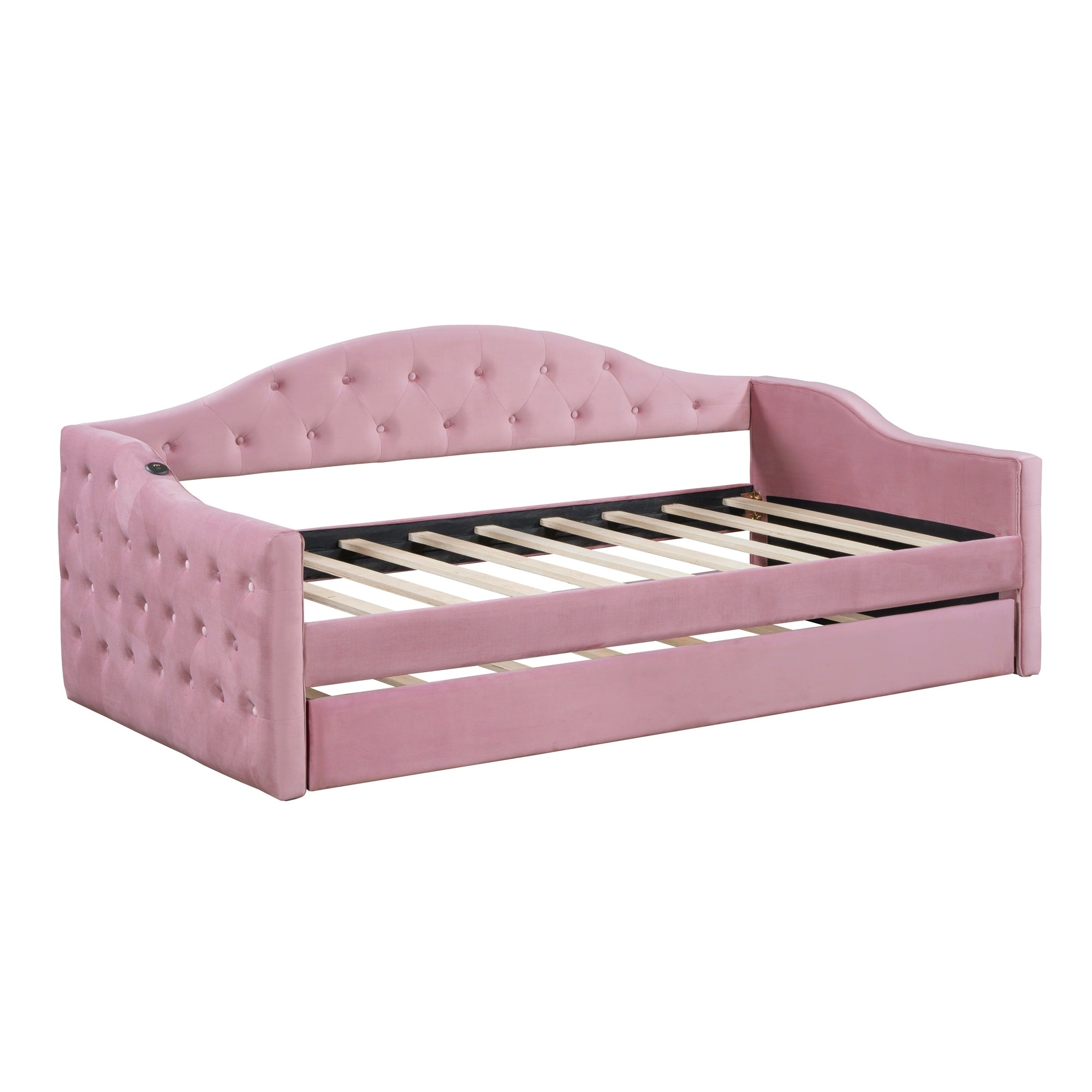 Twin Size Tufted Upholstered Daybed with Trundle ,Velvet Sofabed with USB&Type-C Charging Ports,No Box-spring Needed, Pink