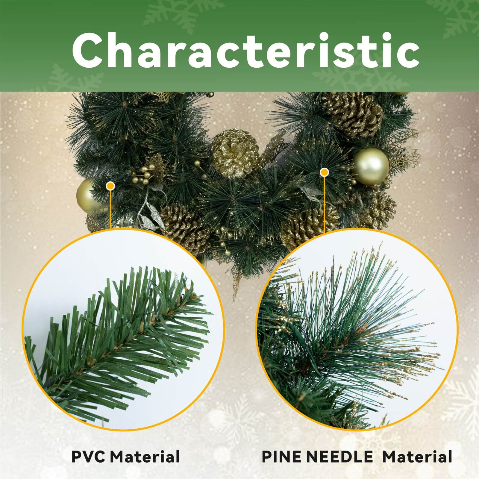 Artificial Christmas Wreath with Gold Accents – Pre-Lit or Unlit Options(PJW-2510)
