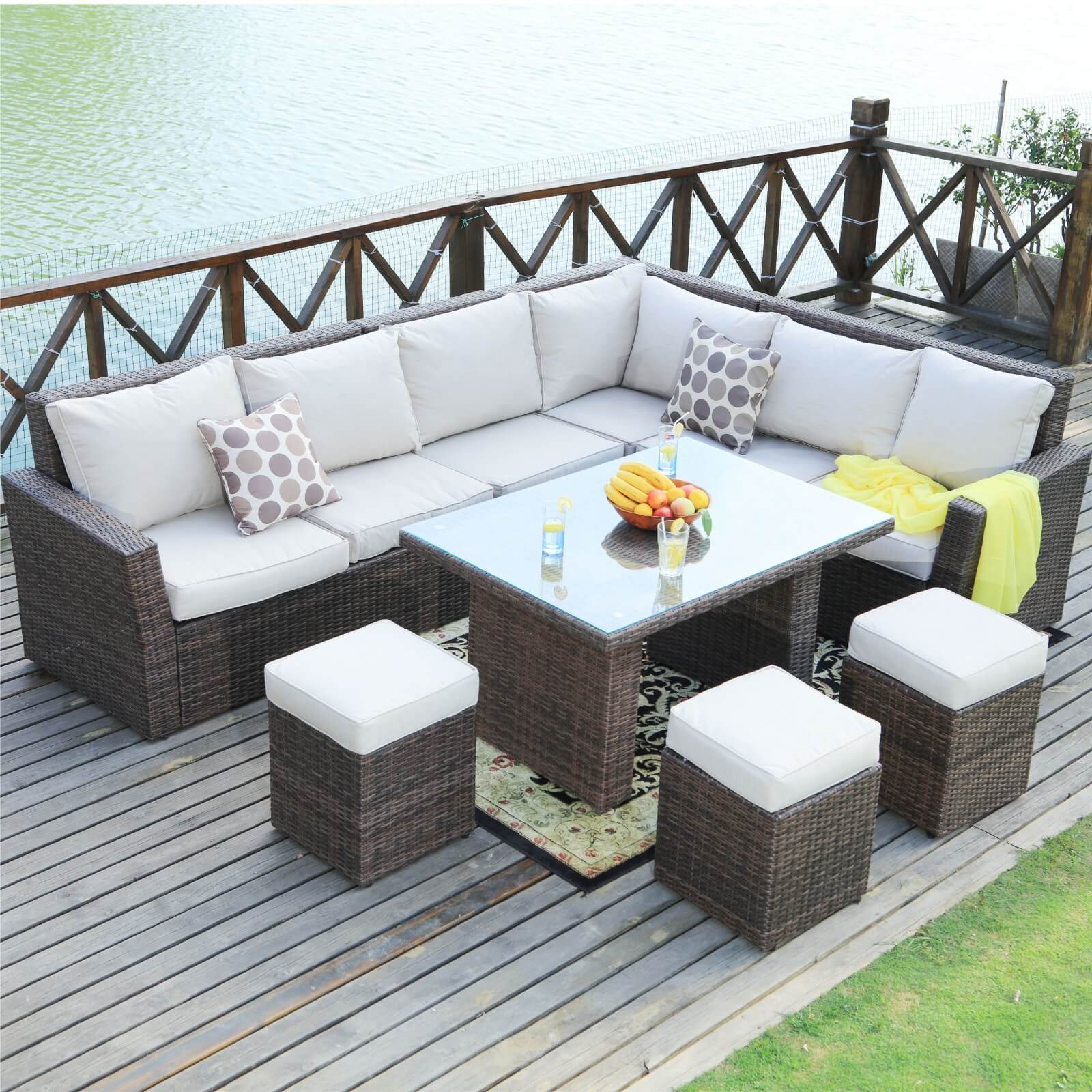 Outdoor Corner Sofa Set with Rectangular Dining Table and Ottoman(PAS-1403-SET)