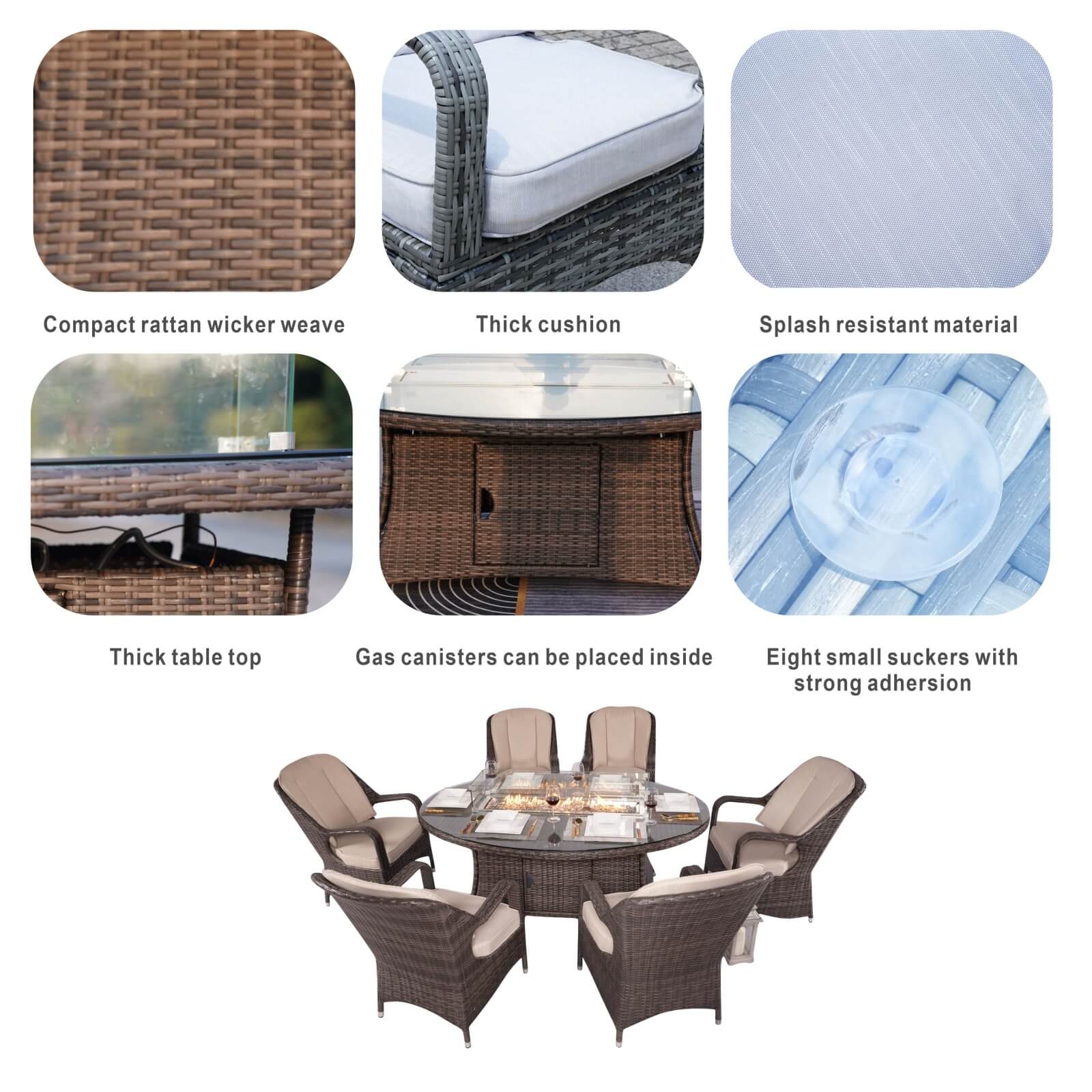 6-Seat Brown Outdoor Fire Pit Dining Set with Oval Gas Fire Pit Table(PAG-1106O-SET)