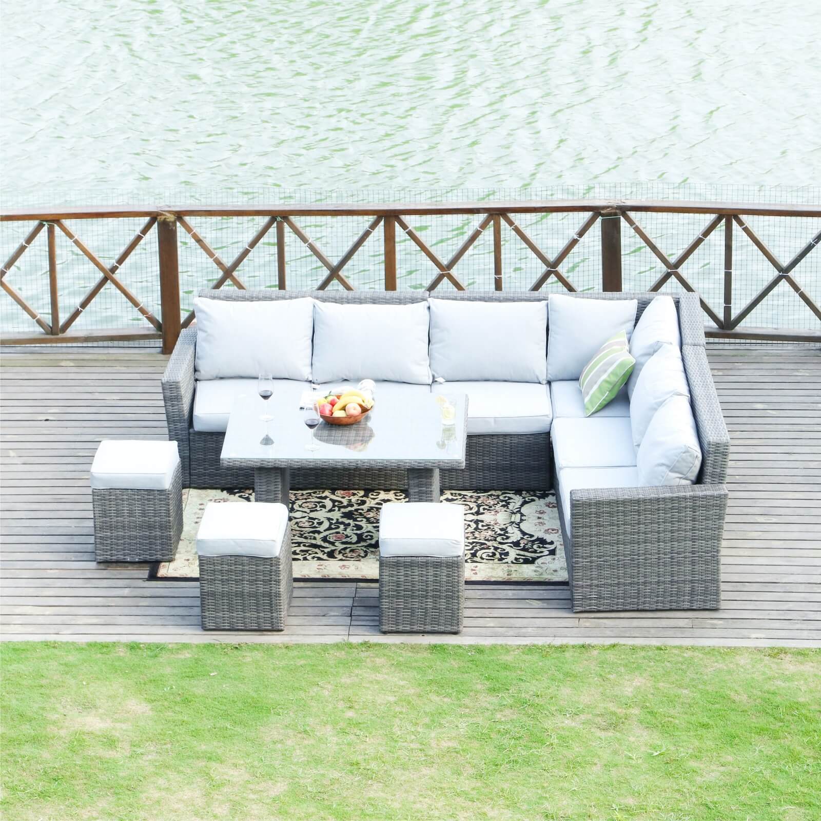 Outdoor Corner Sofa Set with Rectangular Dining Table and Ottoman(PAS-1403-SET)