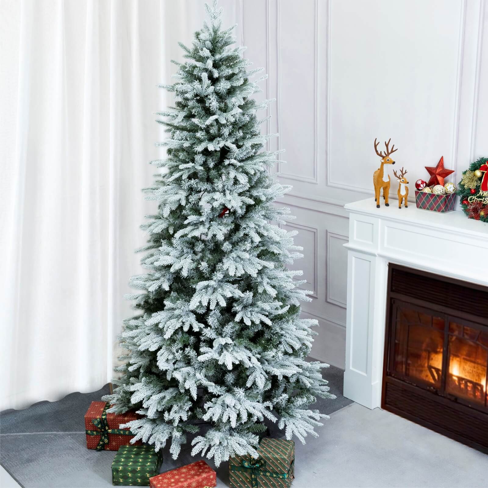 6FT Snow-Flocked Artificial Christmas Tree with Optional Warm White LED Lights(PJT-2507-6FT)