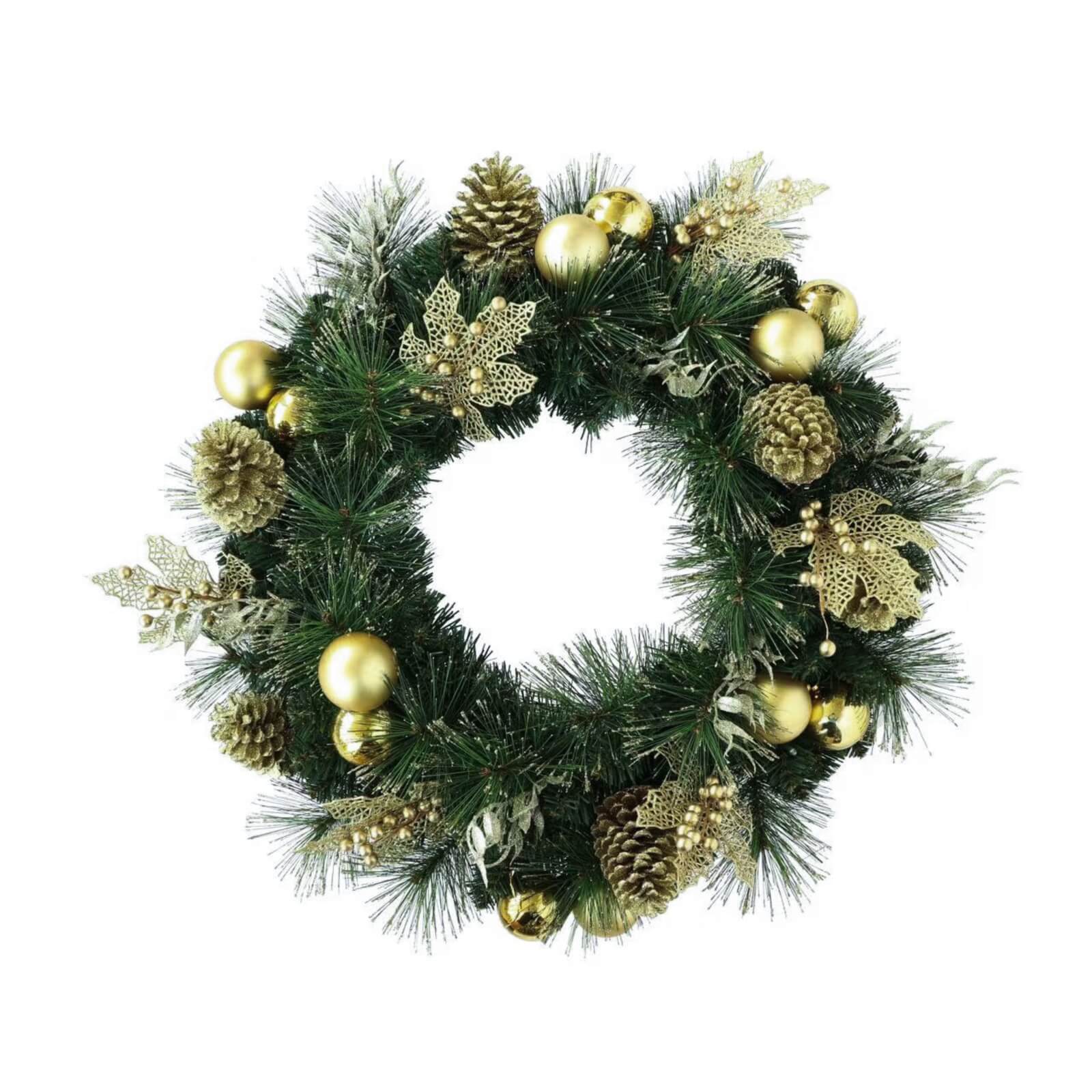 Artificial Christmas Wreath with Gold Accents – Pre-Lit or Unlit Options(PJW-2510)