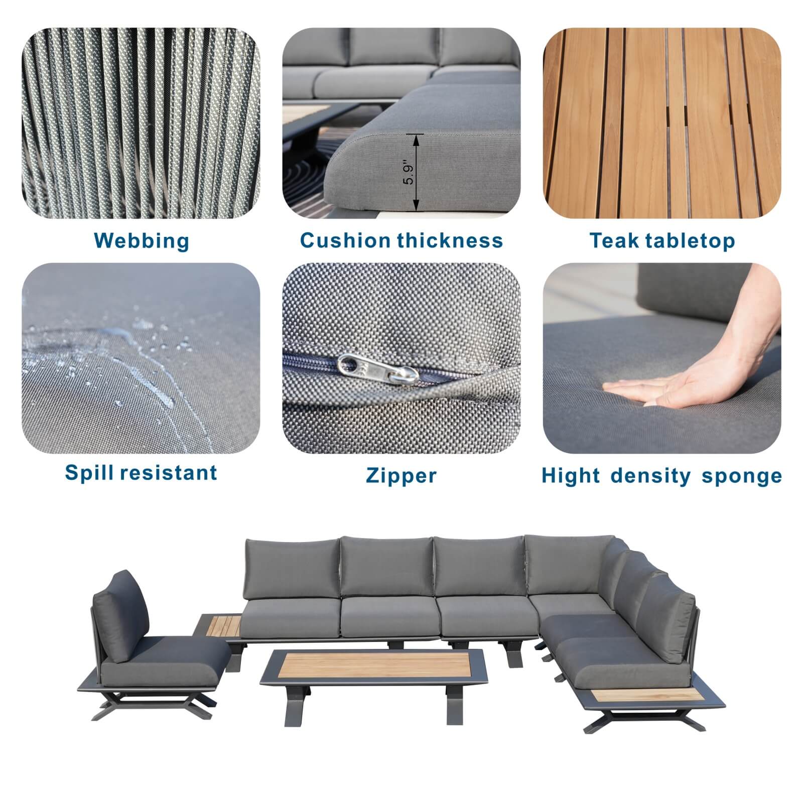 High-grade teak handrails aluminum dew pipe sofa garden set（PAS-2323）
