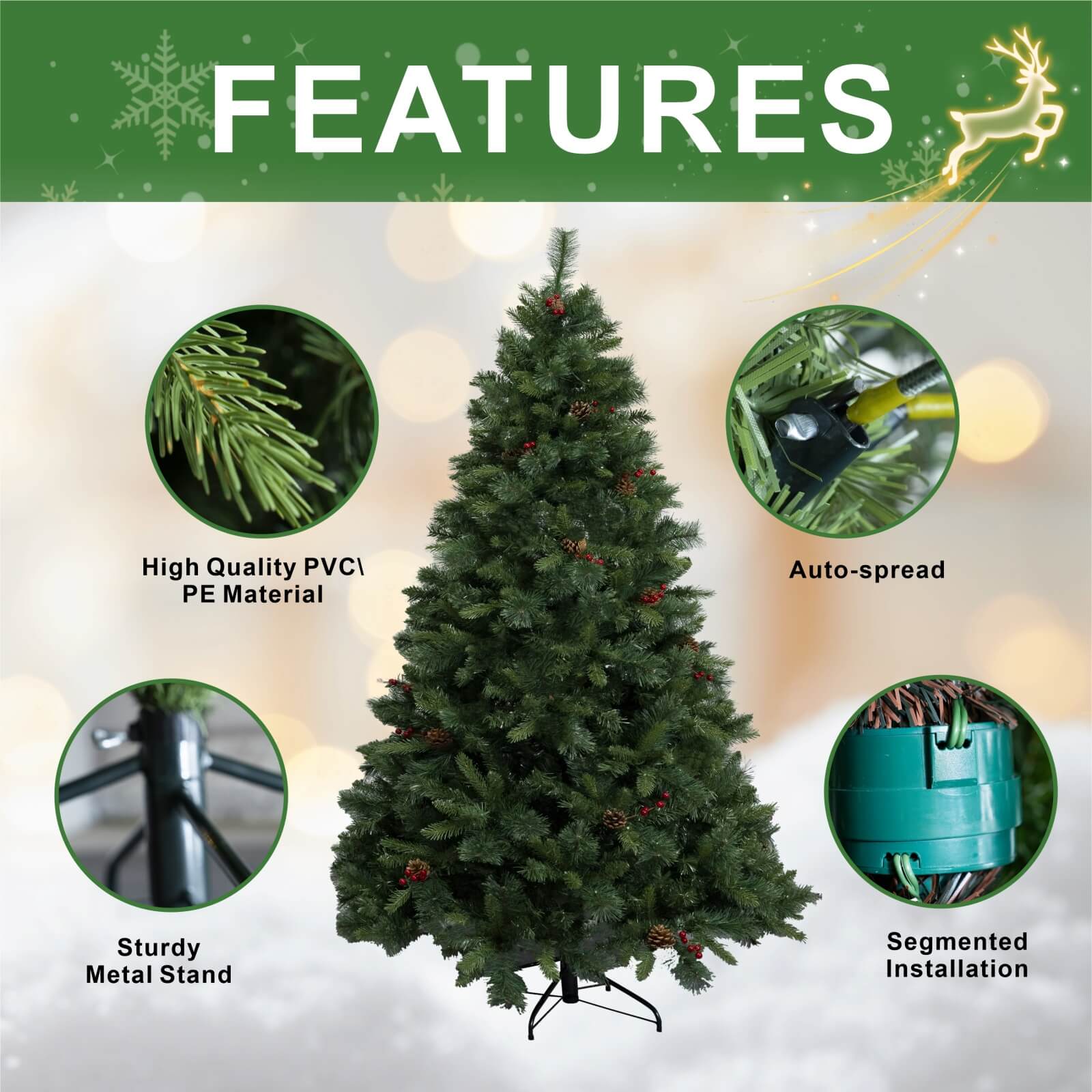 7FT Artificial Christmas Tree with Pinecones & Optional Pre-Lit Lights(PJT-2502-7FT)