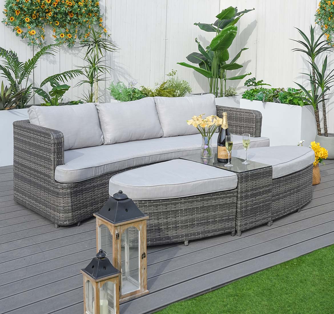 Abrihome Garden Rattan Wicker Out Furniture Patio 4 Piece Deep Seating Group Daybed with Cushions (PAL-1202)