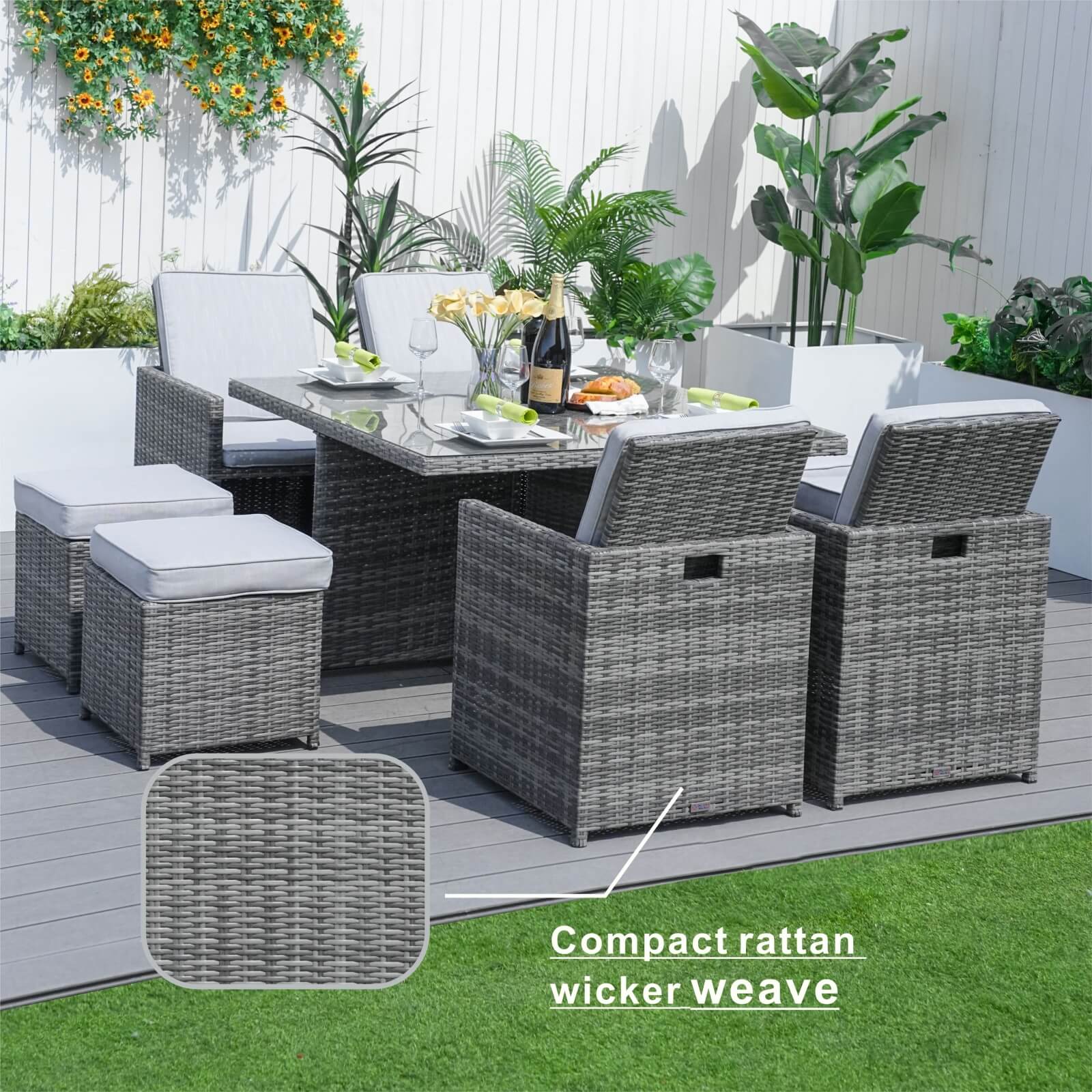 8-Seat Outdoor Dining Set with Cube Table and Ottomans (PAD-3233B)