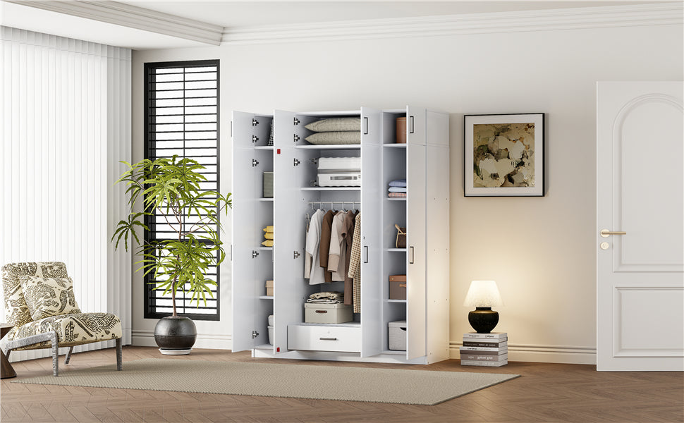 4-Door Wardrobe with 1 Drawer and Top Cabinet , White