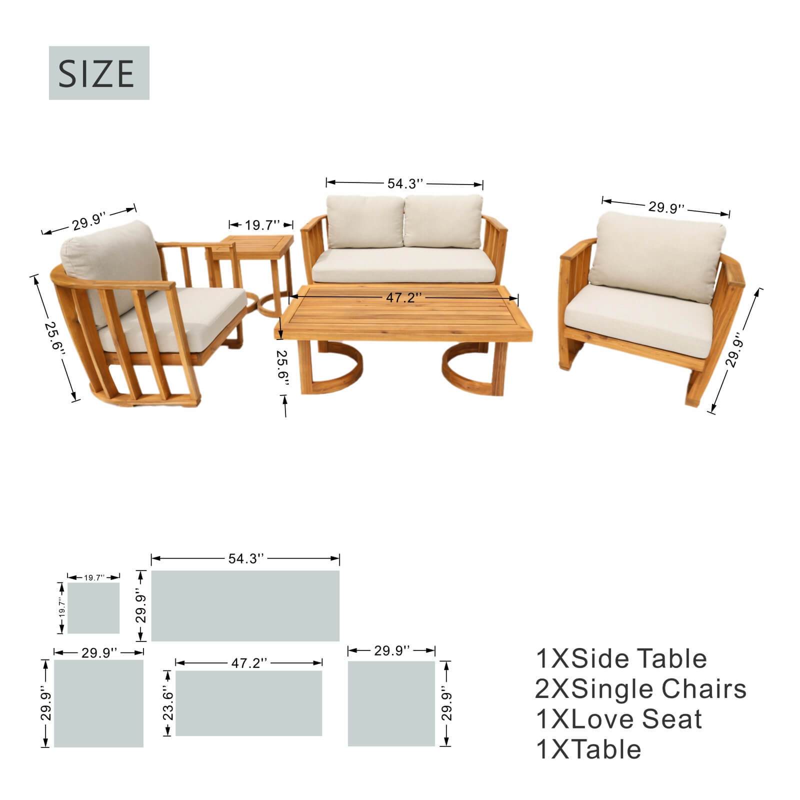 Stylish 5-Piece Acacia Wood Outdoor Sofa Set with Cushions(PAS-2521-19F-2SS+SS*2+TA+ST)