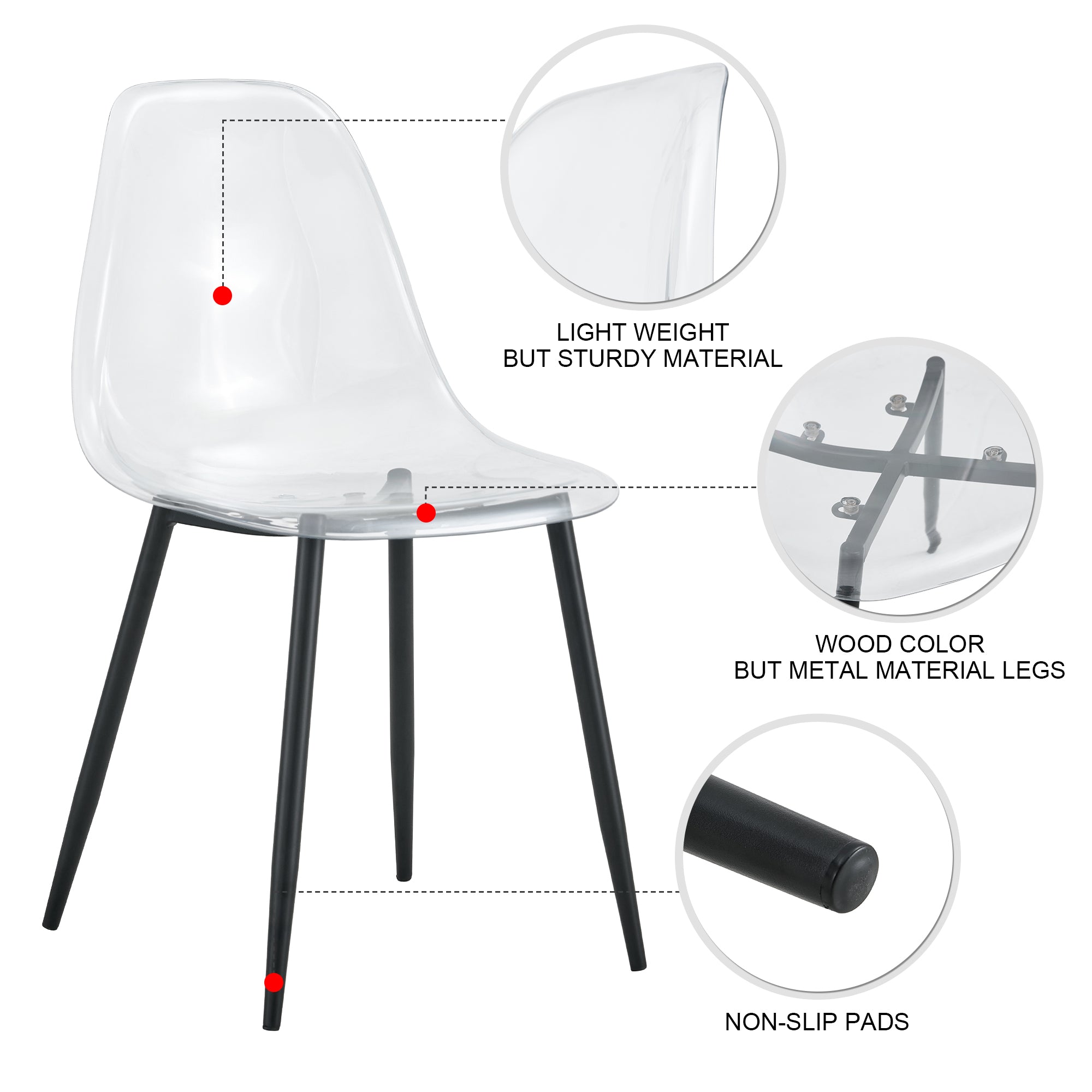Modern minimalist transparent dining chair, plastic chair, armless crystal chair, Nordic creative makeup stool, negotiation chair, set of 4 pieces, black metal legs,TW-1200