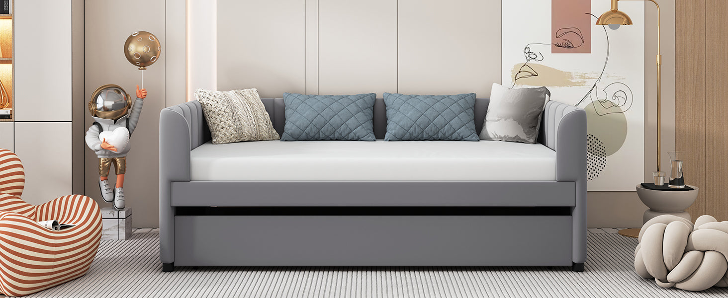 Twin Size Upholstered Daybed with Ergonomic Design Backrest and Trundle, Gray