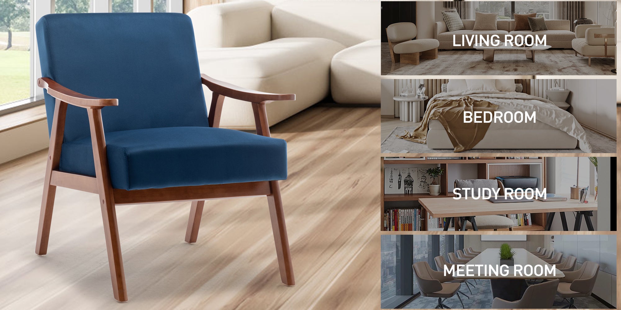 Mid-Century Modern Chair, Living Room Chair with Solid Wood Frame, Accent Chair Extra-Thick Backrest, Wingback Chair for Bedroom, Reading Room, Living Room, Lounge Chair Indoor