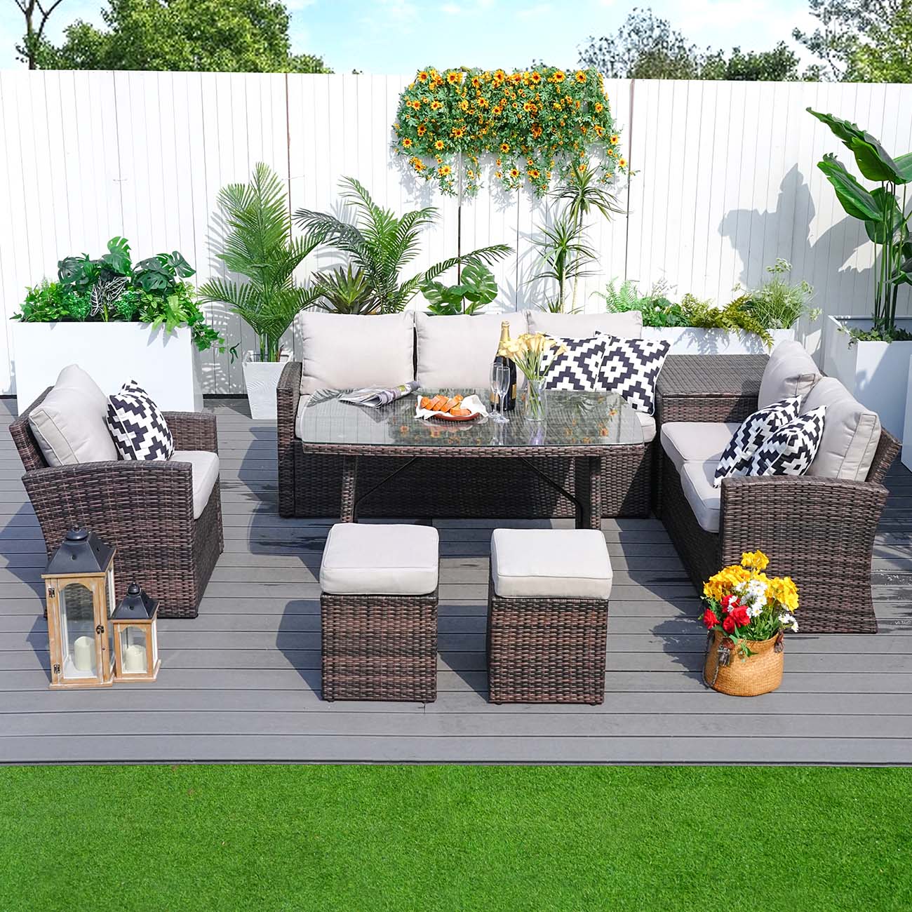 Abrihome Garden Rattan Wicker Out Furniture Patio 7PCS Modern Dining Sofa Set Sale (PAS-1403B)