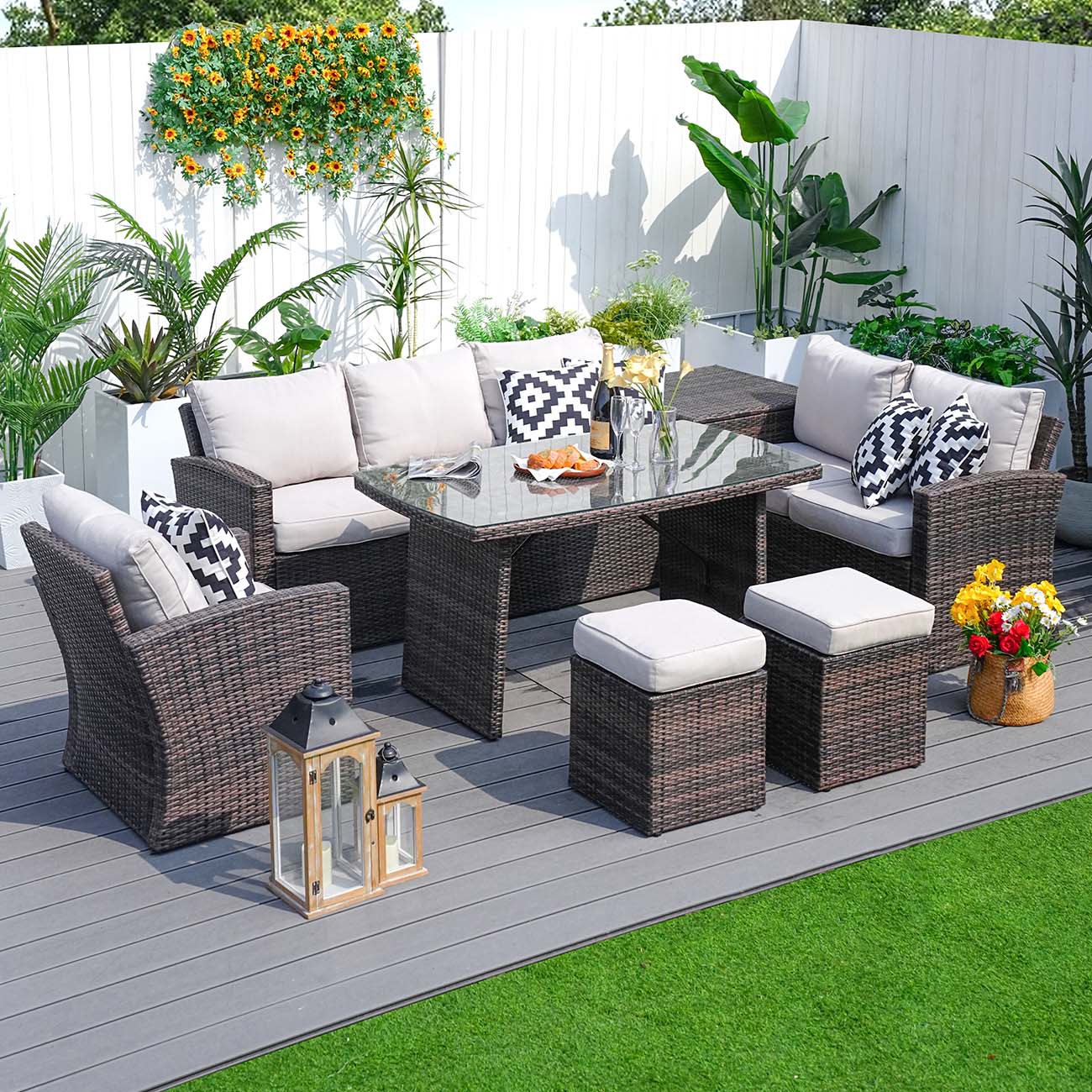 Abrihome Garden Rattan Wicker Out Furniture Patio 7PCS Modern Dining Sofa Set Sale (PAS-1403B)