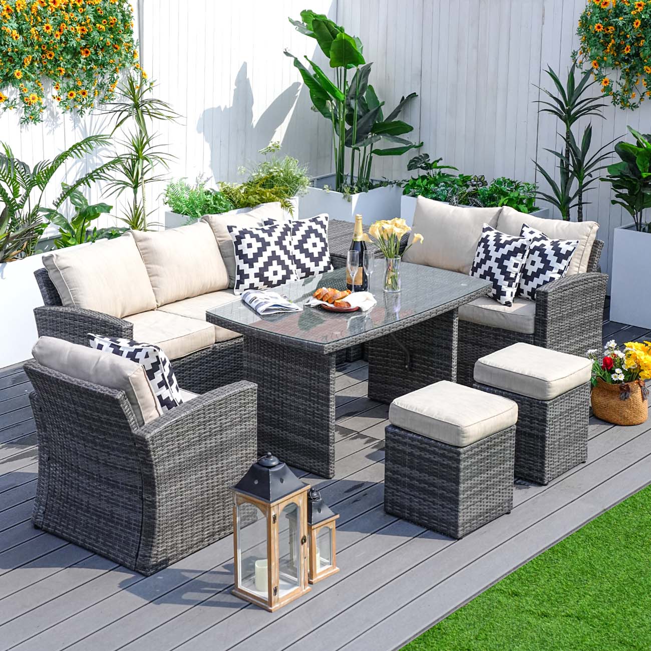Abrihome Garden Rattan Wicker Out Furniture Patio 7PCS Modern Dining Sofa Set Sale (PAS-1403B)