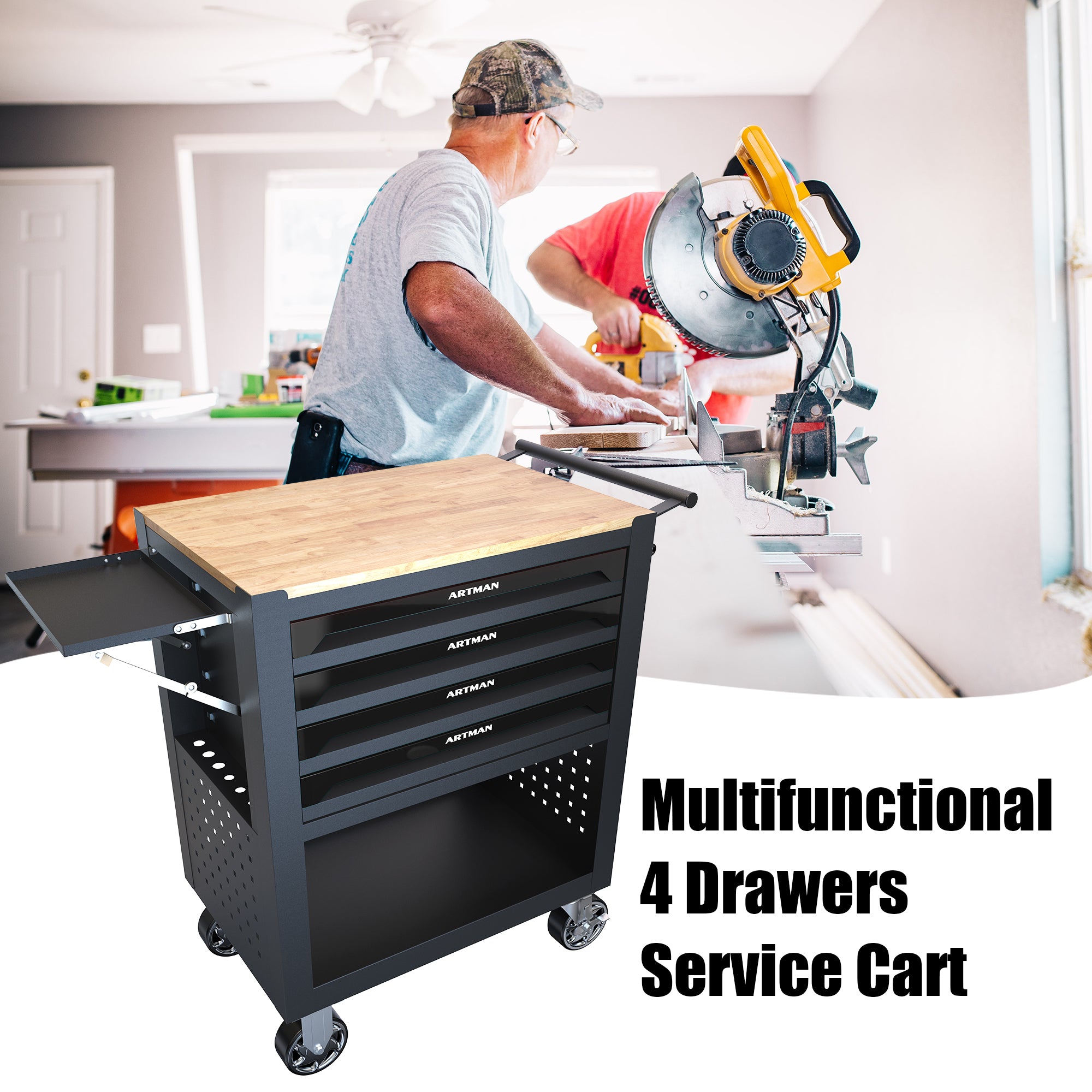 4 DRAWERS MULTIFUNCTIONAL TOOL CART WITH WHEELS AND WOODEN TOP-BLACK