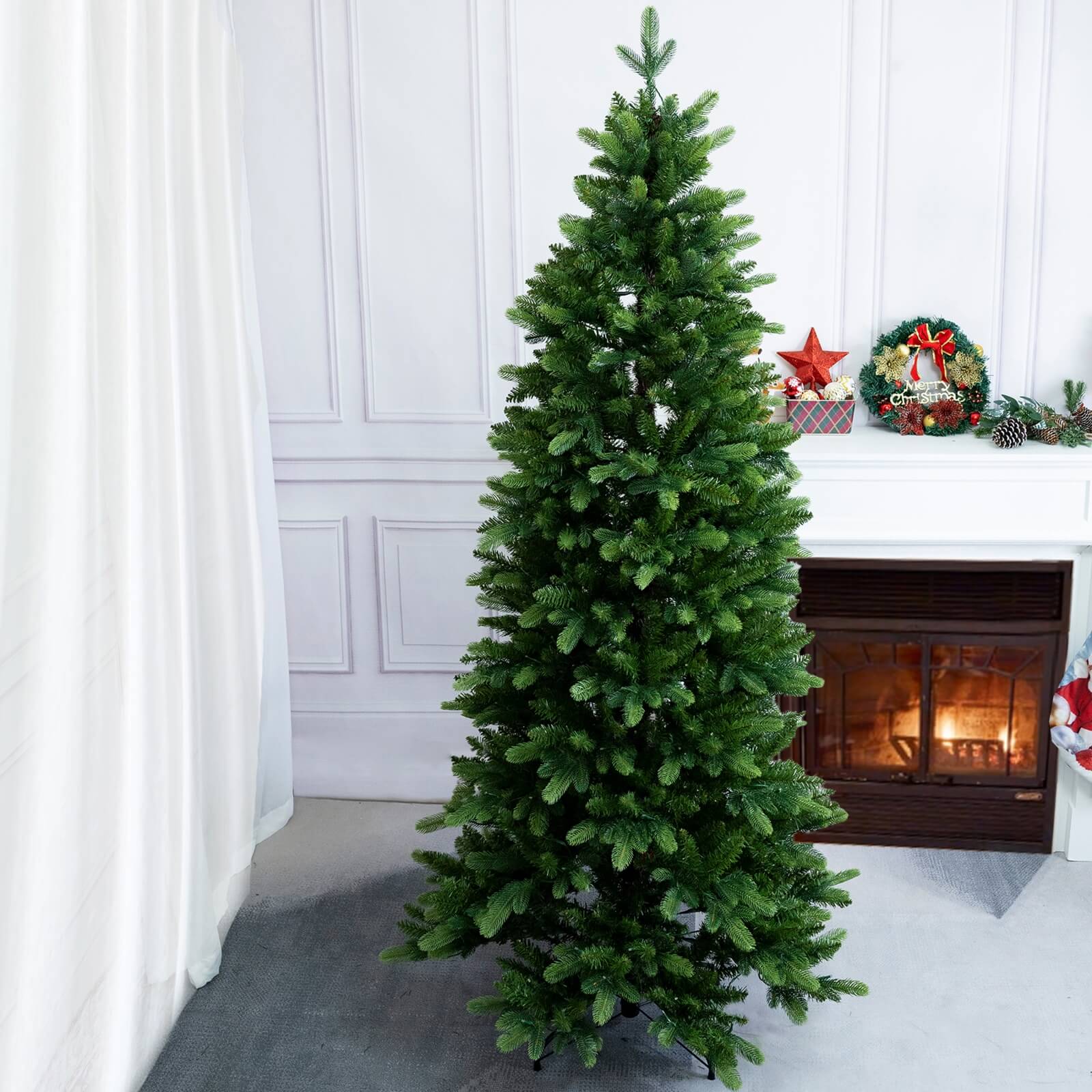 6FT Artificial Christmas Tree with Realistic PE PVC and Warm White LED Lights(PJT-2505-6FT)