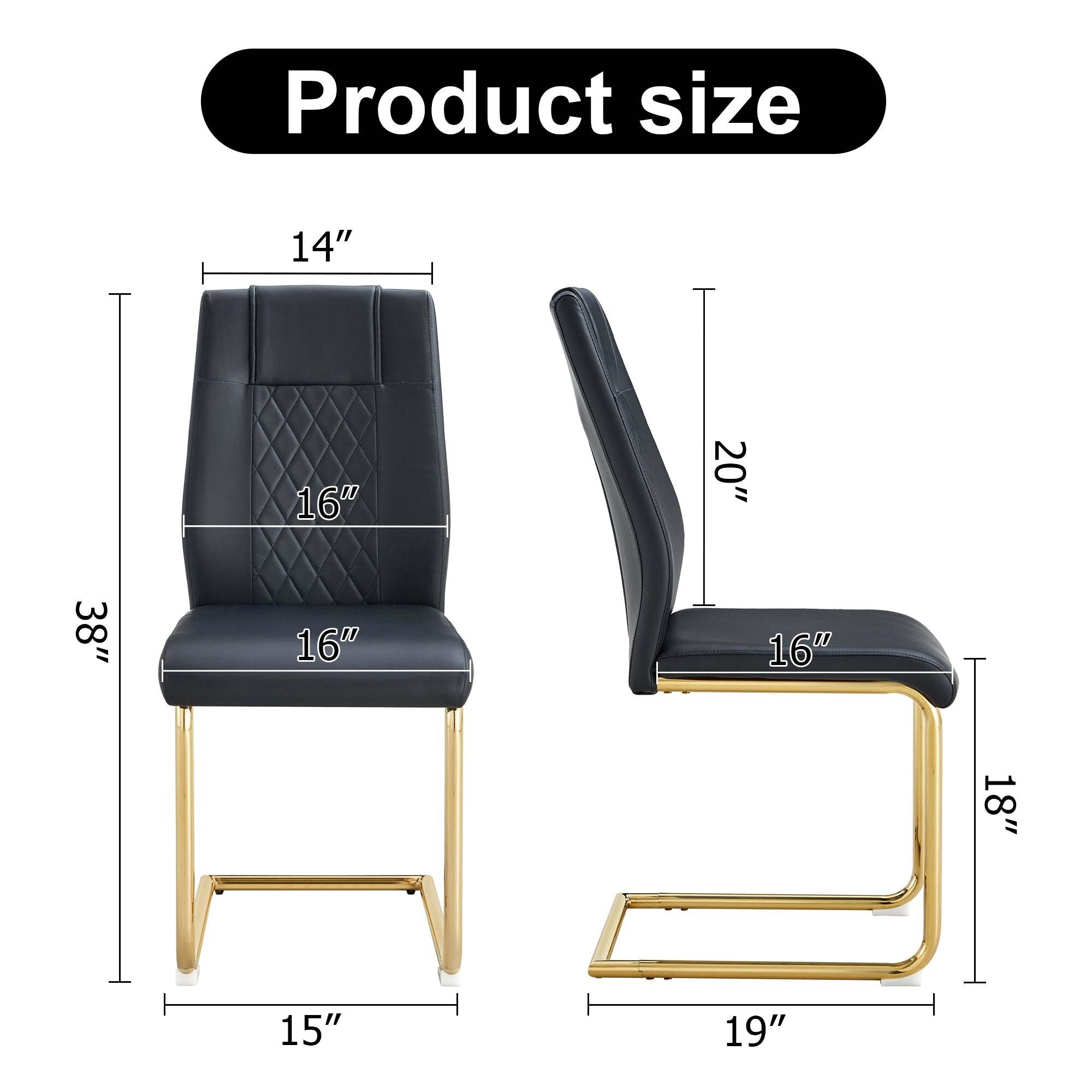 Modern dining chairs with faux leather padded seats, dining room chairs, gold metal leg upholstered chairs, suitable for kitchens, living rooms, bedrooms, and offices, set of 4 (black+PU leather)C-001