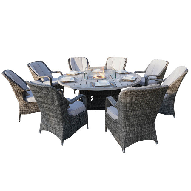 New Fashion Gas Fire Circular Table Patio 9 Pieces Seat Chairs and Cushions by Abrihome(BBQ Plate needs to be purchased separately)