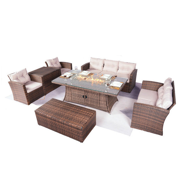 Abrihome Patio Furniture Sofa Set with Rectangular Fire Pit Glass Tabletop