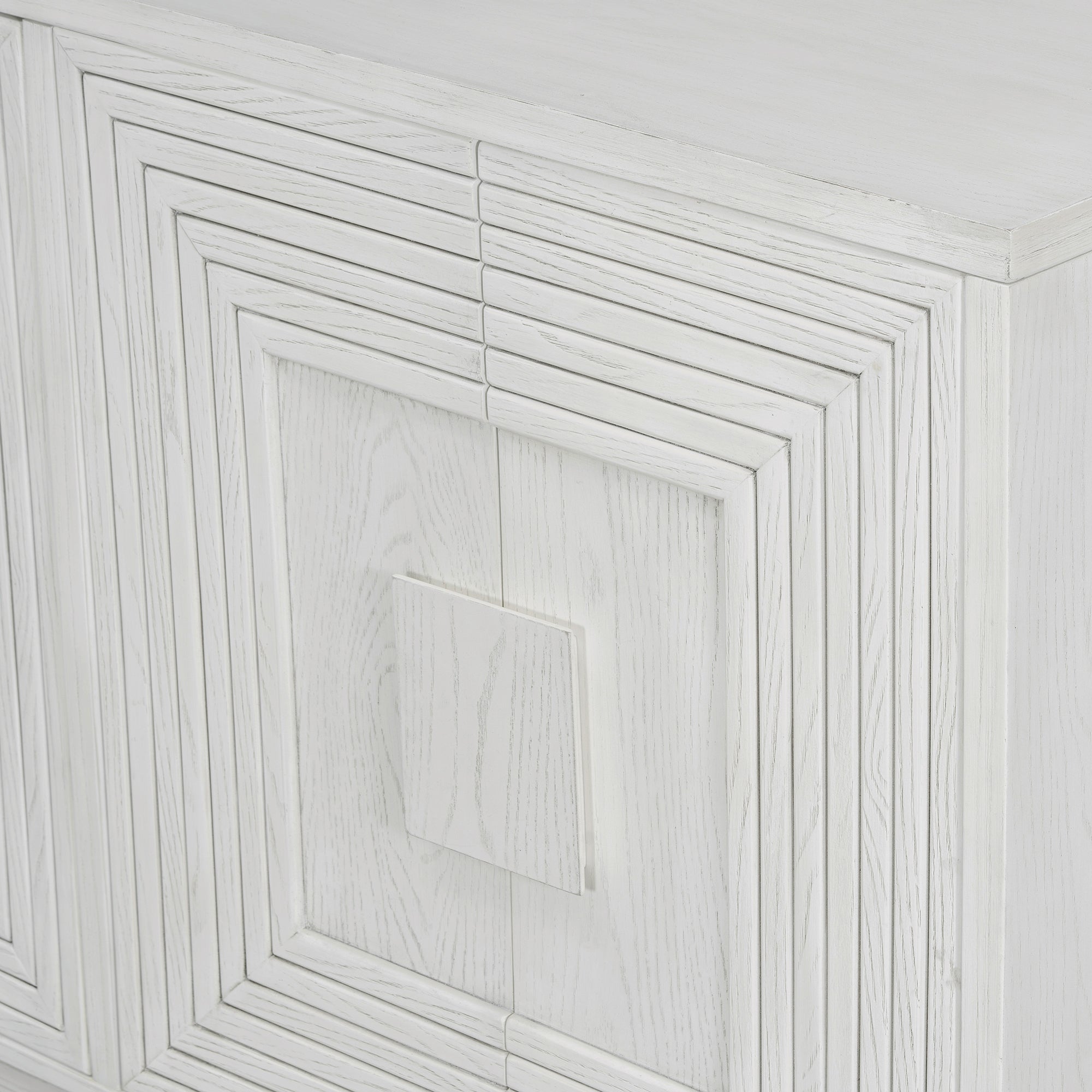 TREXM Vintage Distressed 4-Door Sideboard with Adjustable Shelves and Geometric Pattern for Dining Room, Kitchen and Living Room (Antique White)
