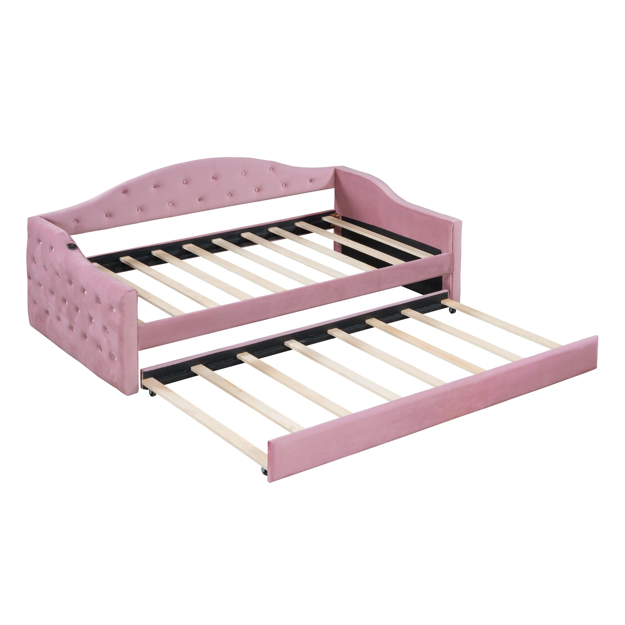 Twin Size Tufted Upholstered Daybed with Trundle ,Velvet Sofabed with USB&Type-C Charging Ports,No Box-spring Needed, Pink