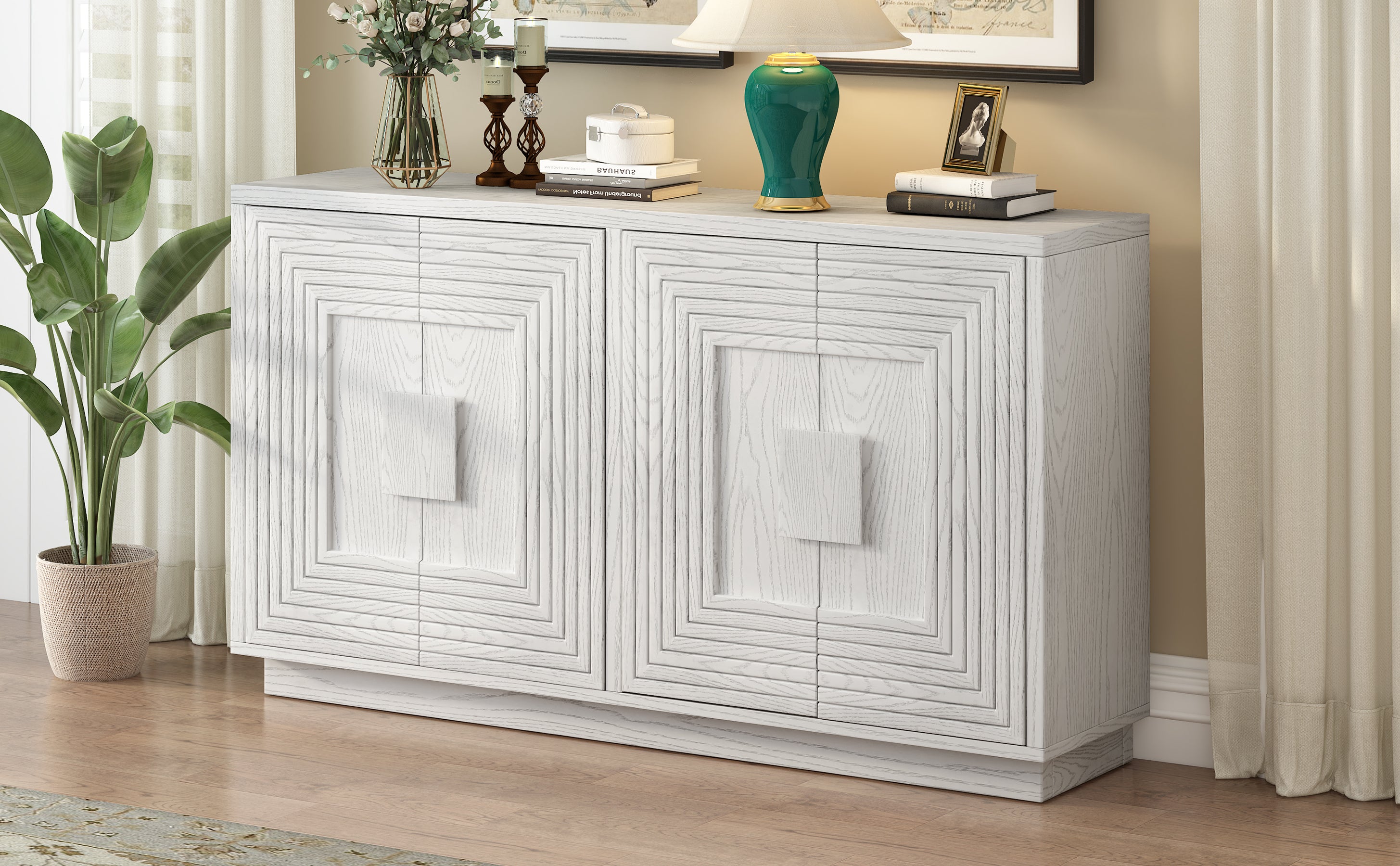 TREXM Vintage Distressed 4-Door Sideboard with Adjustable Shelves and Geometric Pattern for Dining Room, Kitchen and Living Room (Antique White)