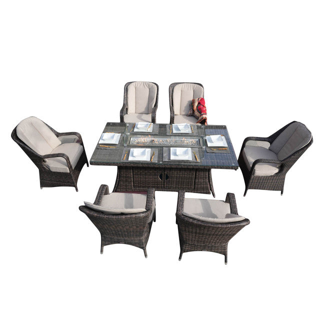 Abrihome Garden Rattan Wicker Outdoor Furniture Patio 6 Seat Rectangular Fire Pit Dining Table With Eton Chair Sale (PAG-1106R+009)