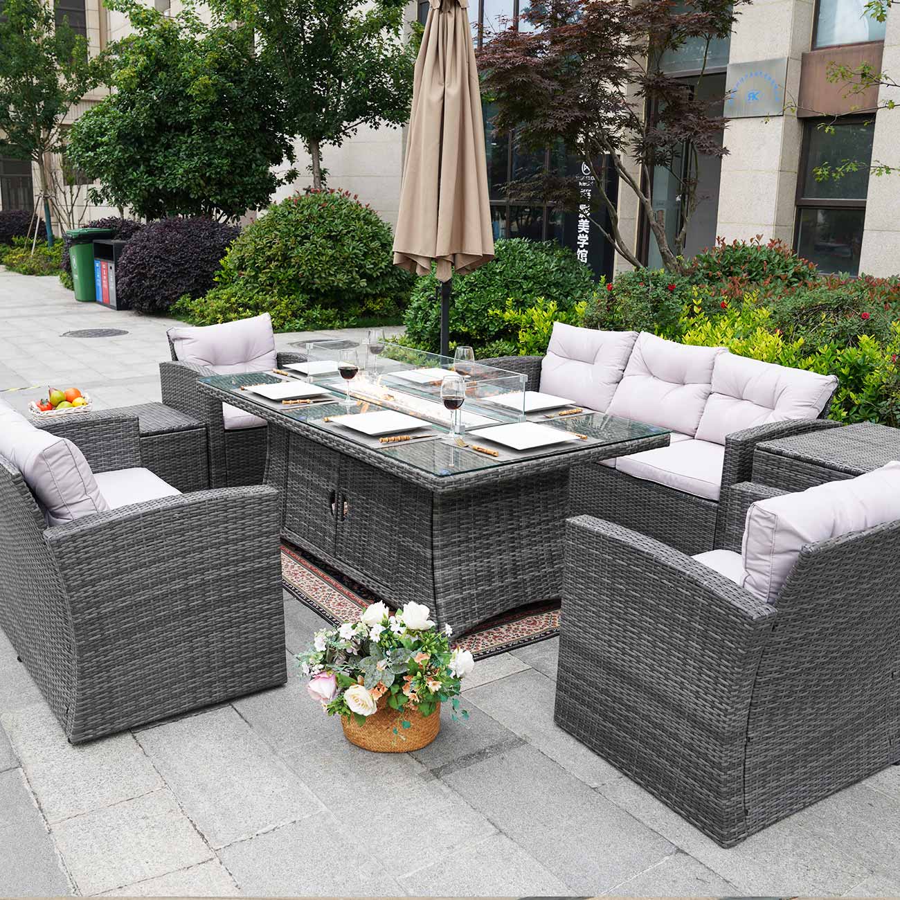 Abrihome Patio Furniture Sofa Set with Rectangular Fire Pit Glass Tabletop (PAG-1506R)