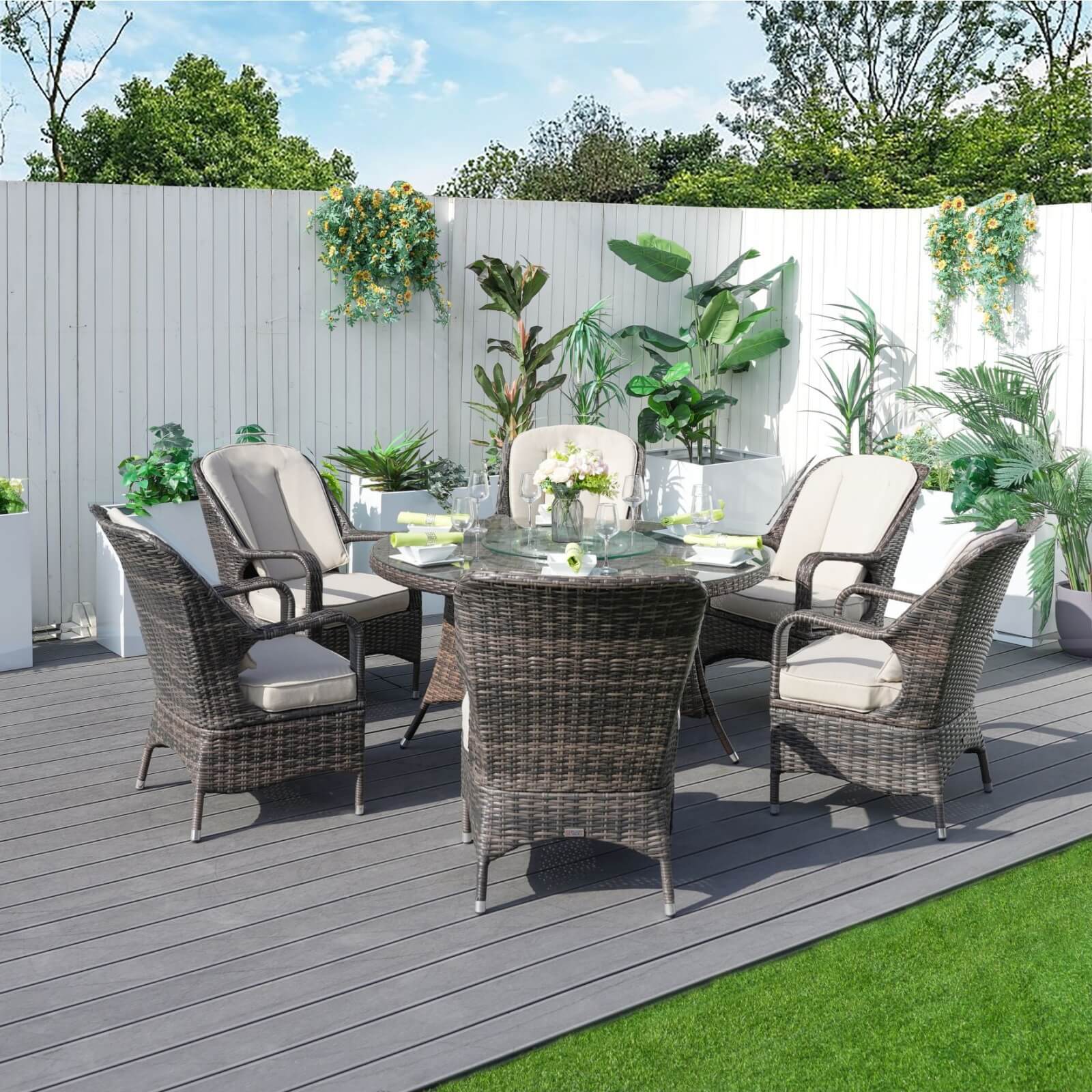 6-Seat Outdoor Dining Set featuring a Round Dining Table with Glass Turntable(PAD-1711-SET)