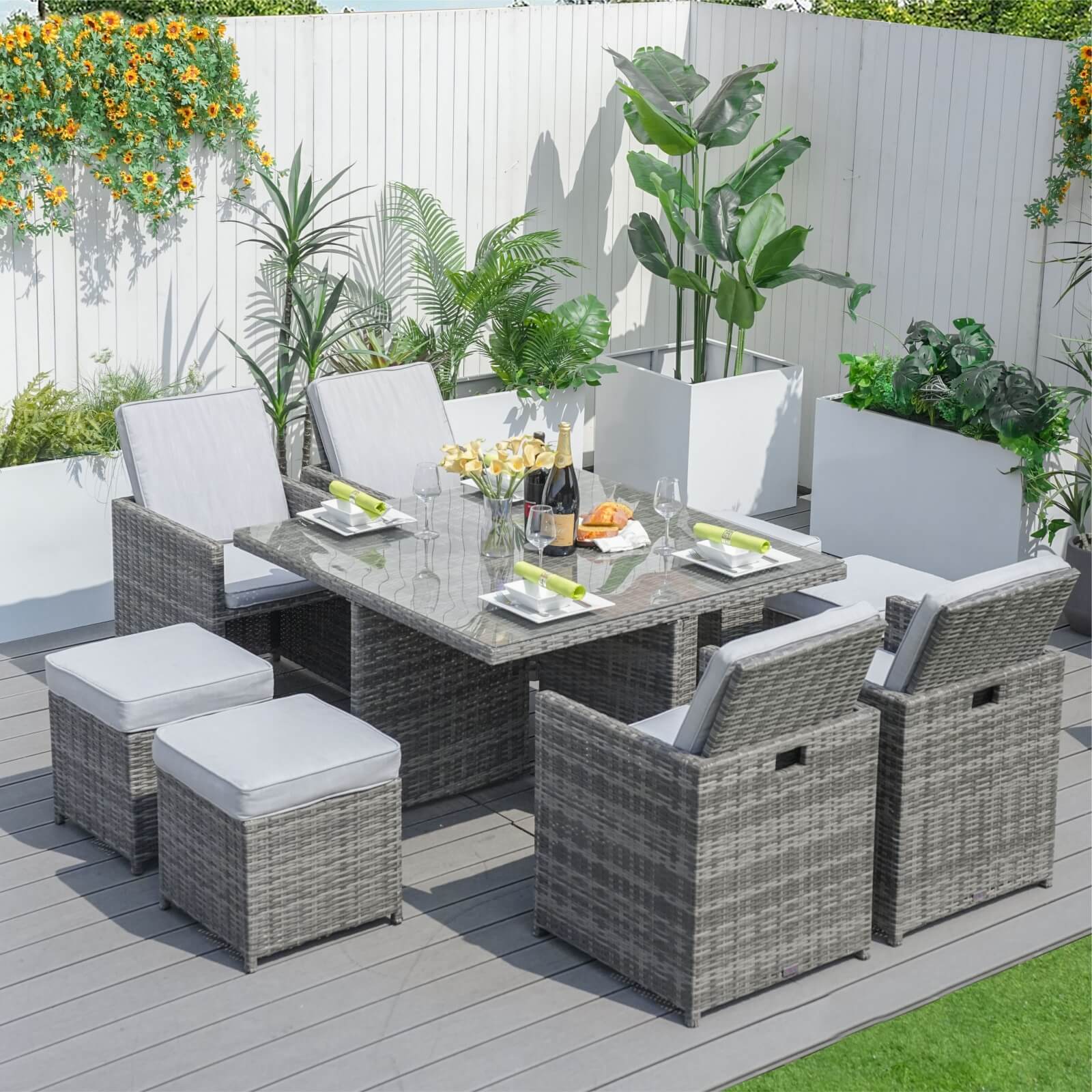 8-Seat Outdoor Dining Set with Cube Table and Ottomans (PAD-3233B)