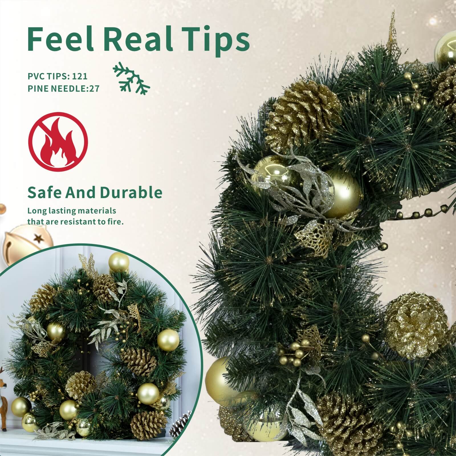 Artificial Christmas Wreath with Gold Accents – Pre-Lit or Unlit Options(PJW-2510)