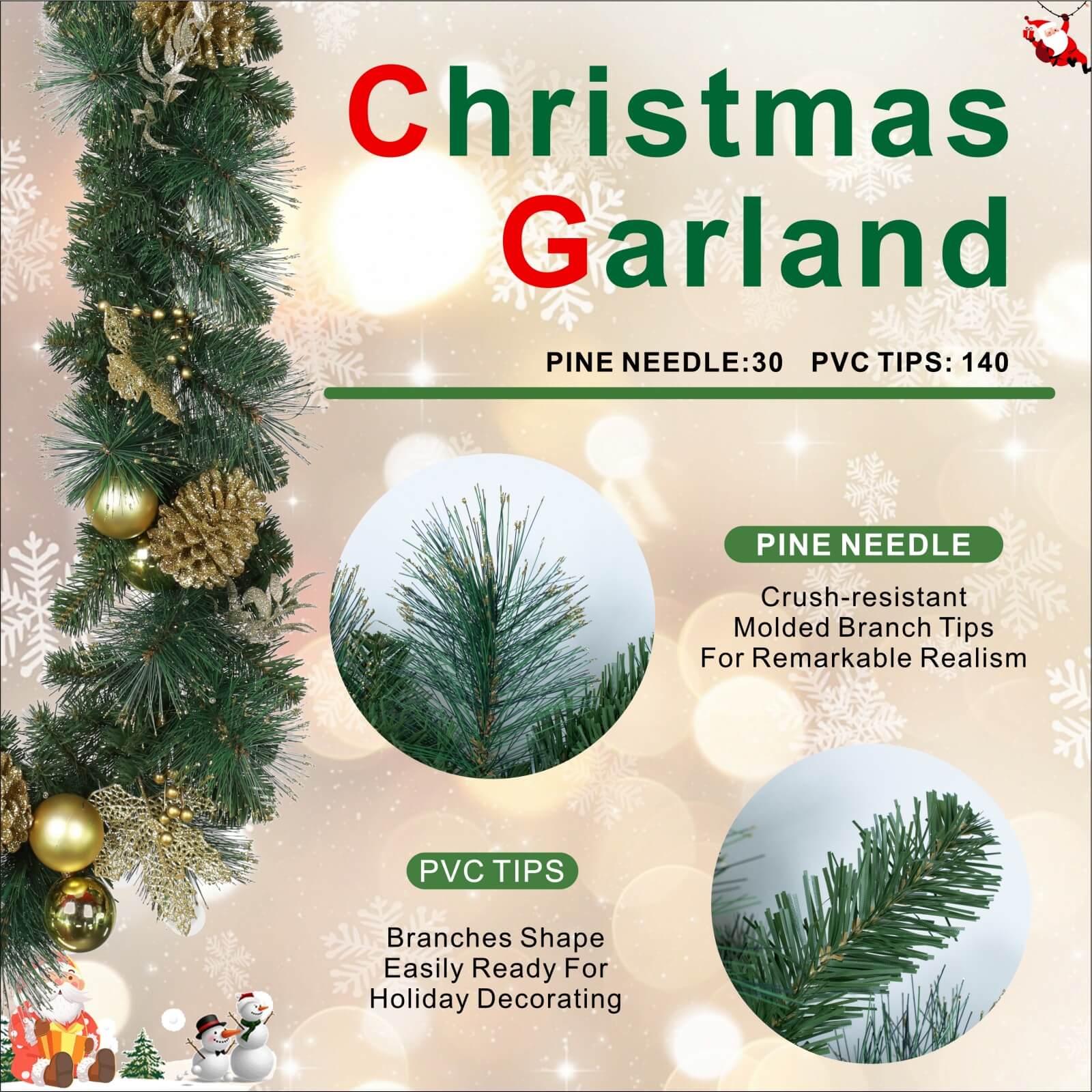 Holiday Pine Garland with Gold Details & Warm White LEDs(PJG-2511)