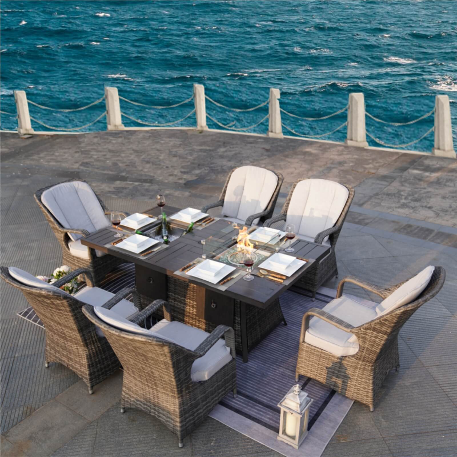 Outdoor 6-Seat Dining Set with Fire Pit Table and Ice Bucket(PAG-1106FI-SET)
