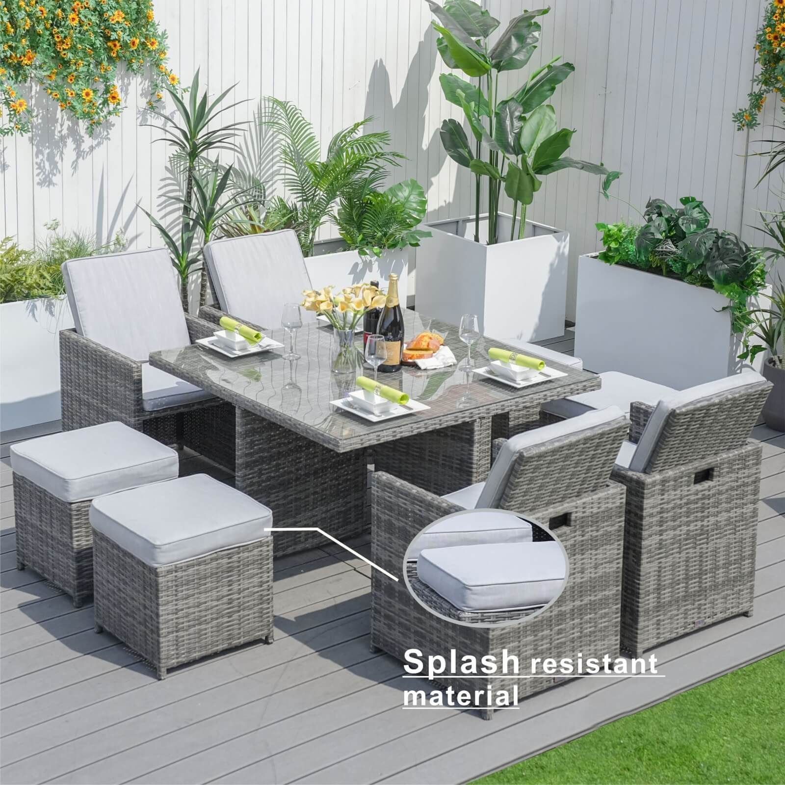 8-Seat Outdoor Dining Set with Cube Table and Ottomans (PAD-3233B)