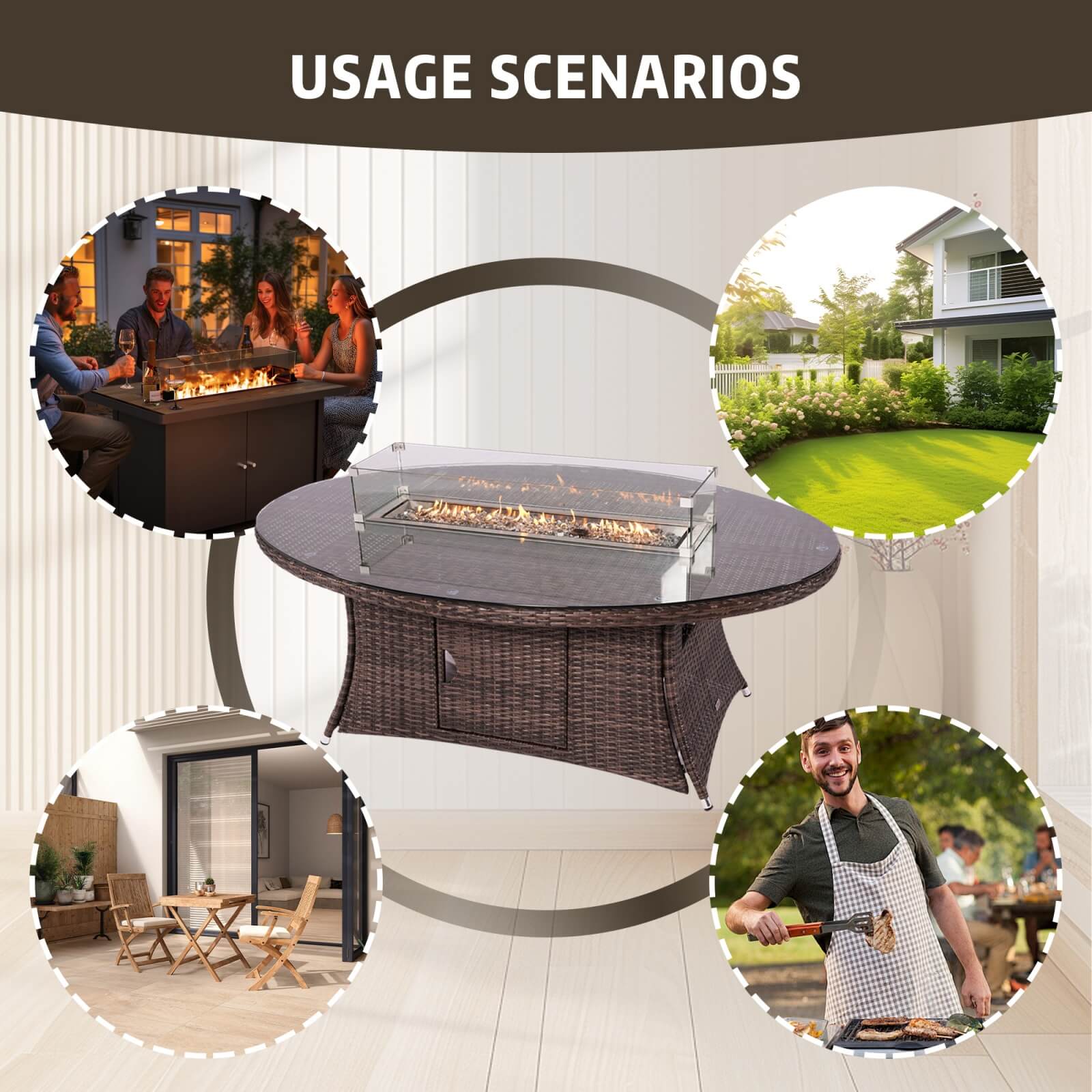 6-Seat Brown Outdoor Fire Pit Dining Set with Oval Gas Fire Pit Table(PAG-1106O-SET)