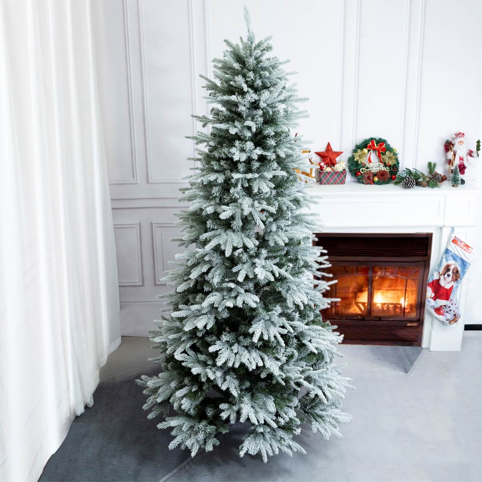 6FT Snow-Flocked Artificial Christmas Tree with Optional Warm White LED Lights(PJT-2507-6FT)