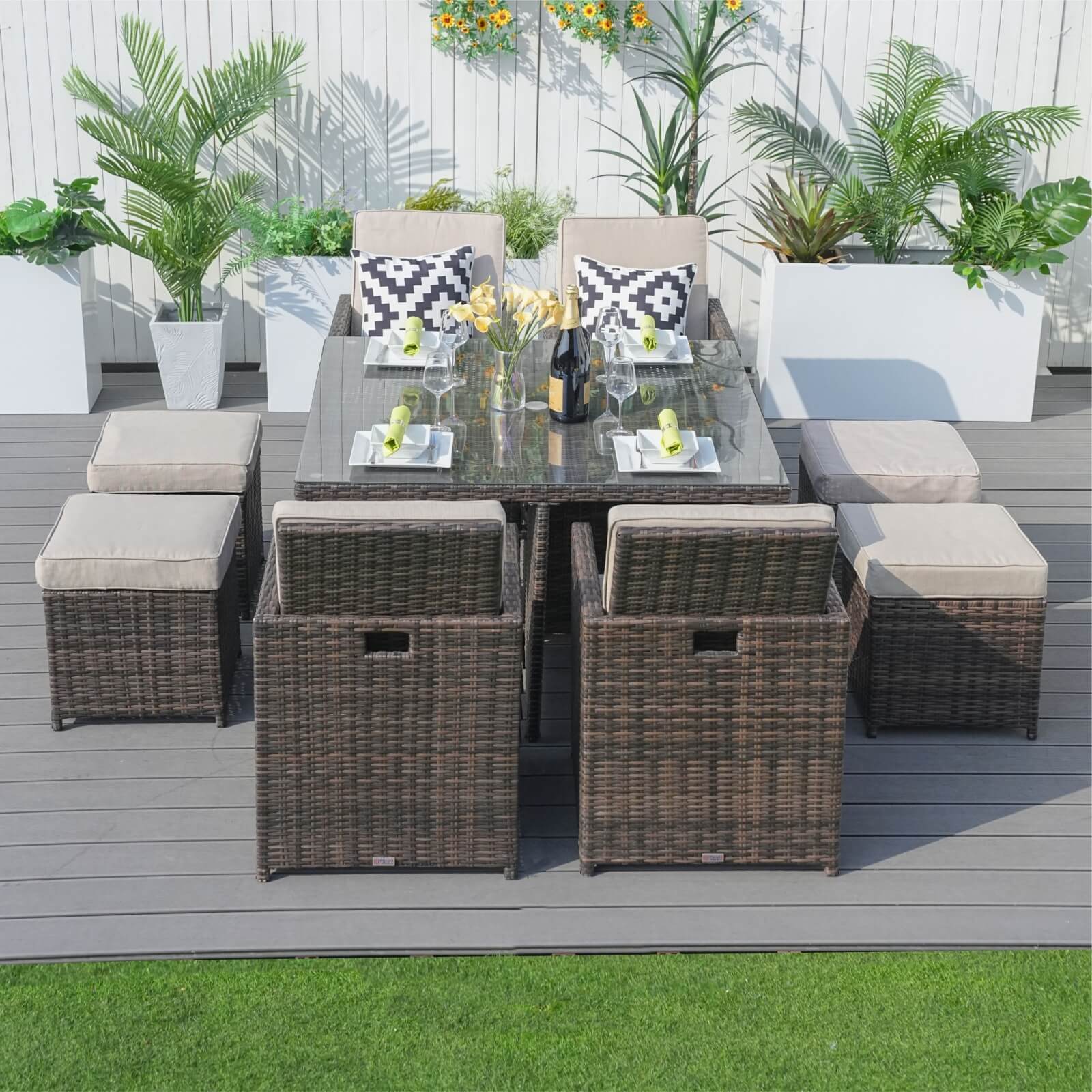 8-Seat Outdoor Dining Set with Cube Table and Ottomans (PAD-3233B)