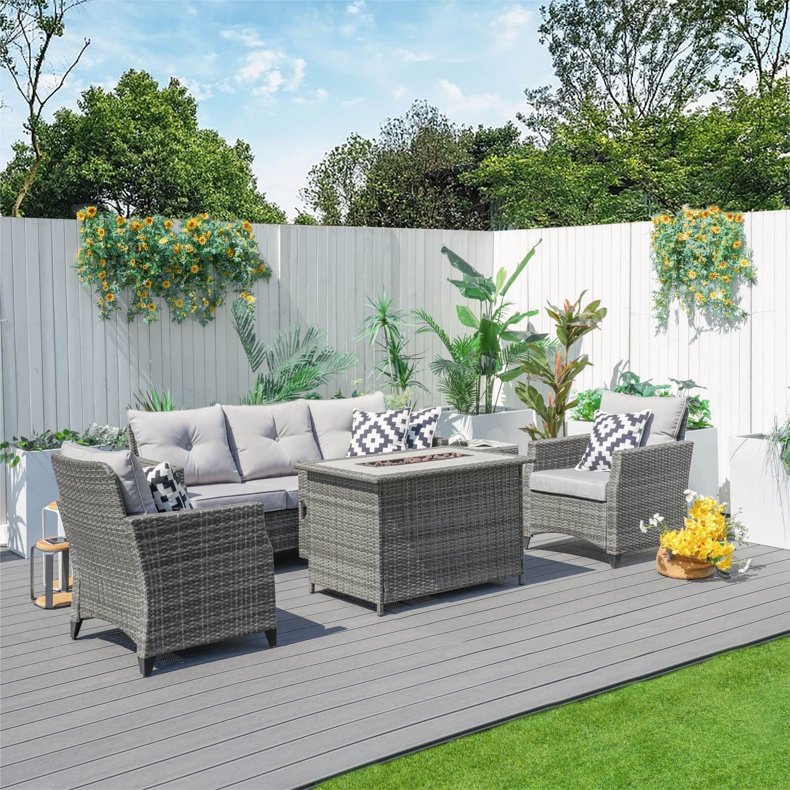 5-Piece Outdoor Fire Pit Patio Set with Gray Sofas and Fire Pit Table(PAF-1802P)