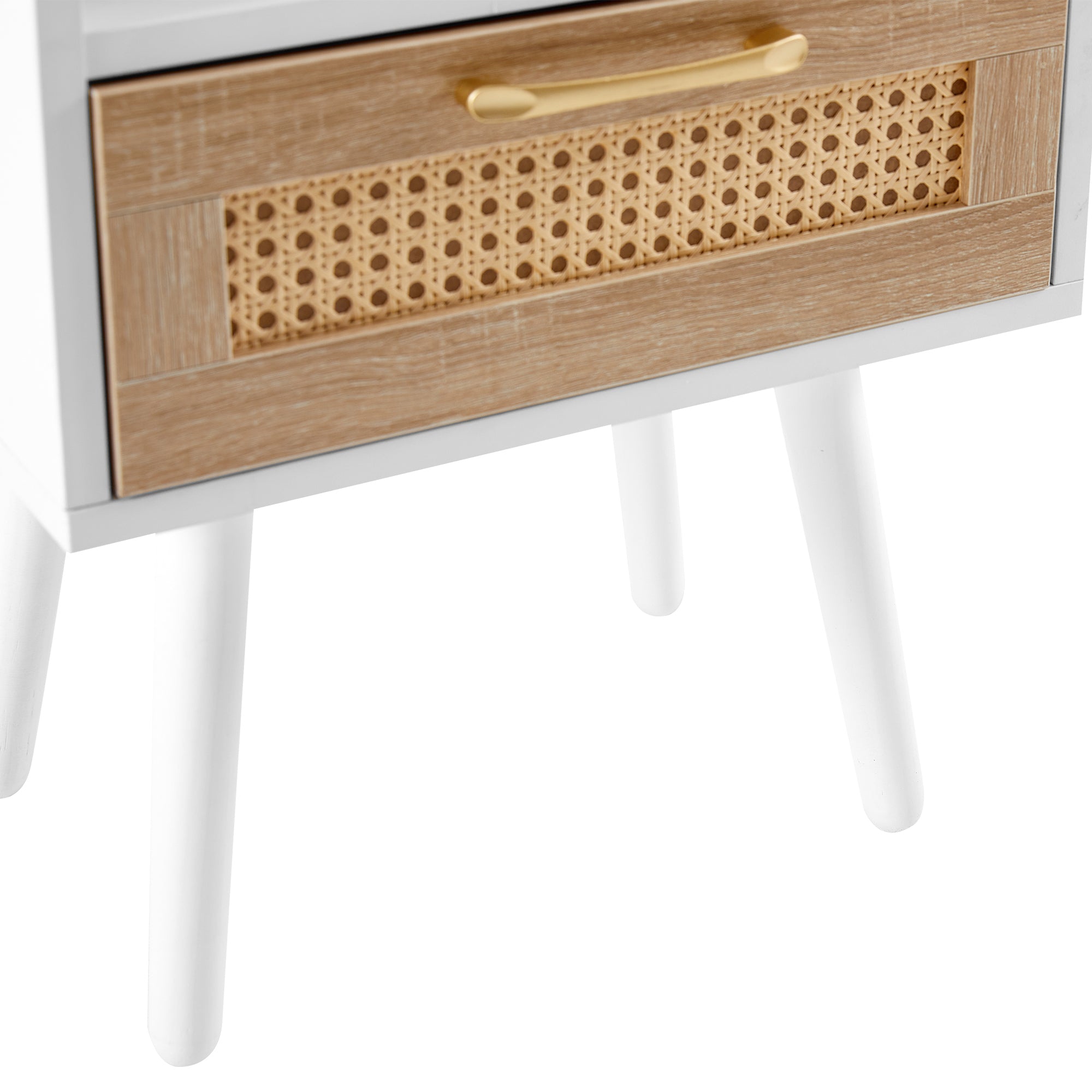 15.75" Rattan End table with Power Outlet  & USB Ports , Modern nightstand with drawer and solid wood legs, side table for living room, bedroom, white