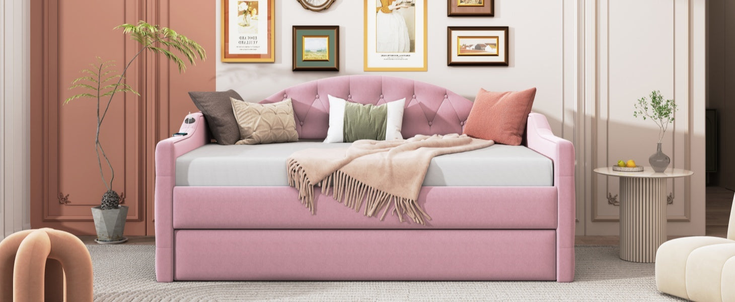 Twin Size Tufted Upholstered Daybed with Trundle ,Velvet Sofabed with USB&Type-C Charging Ports,No Box-spring Needed, Pink