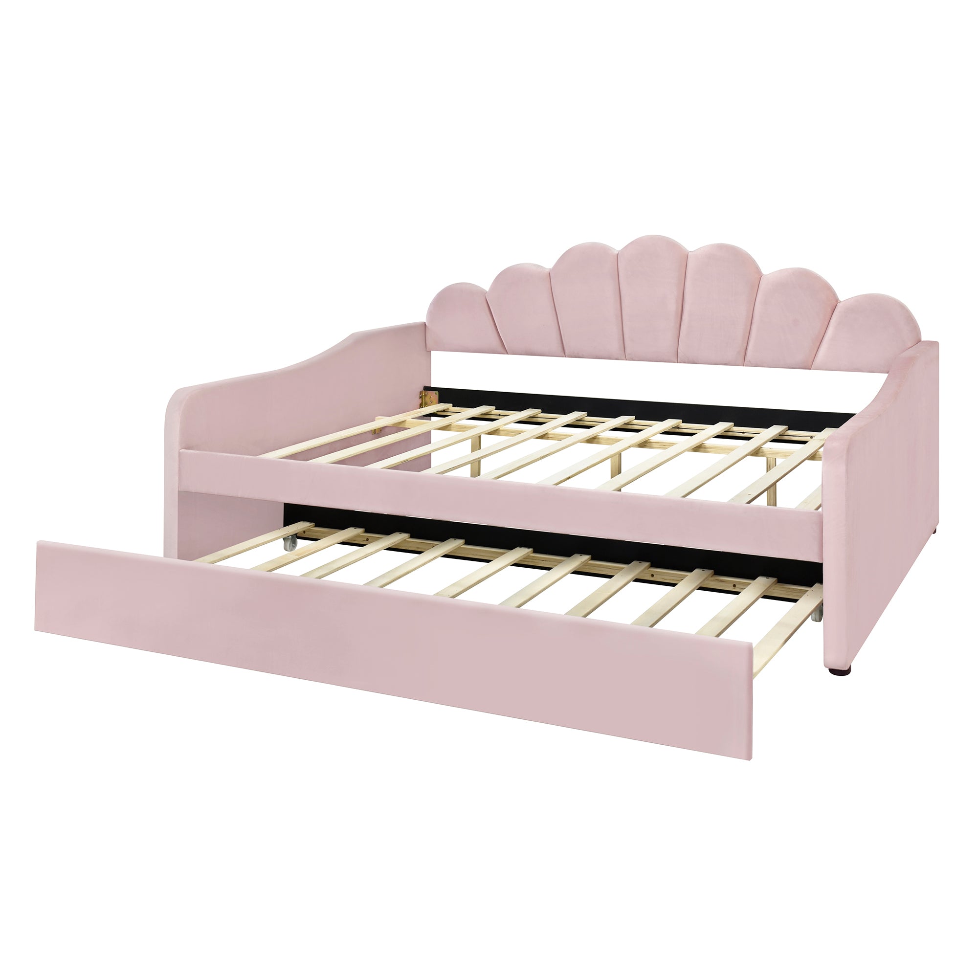 Full Size Upholstery Daybed Frame with Shall Shaped Backrest  and Trundle,Pink