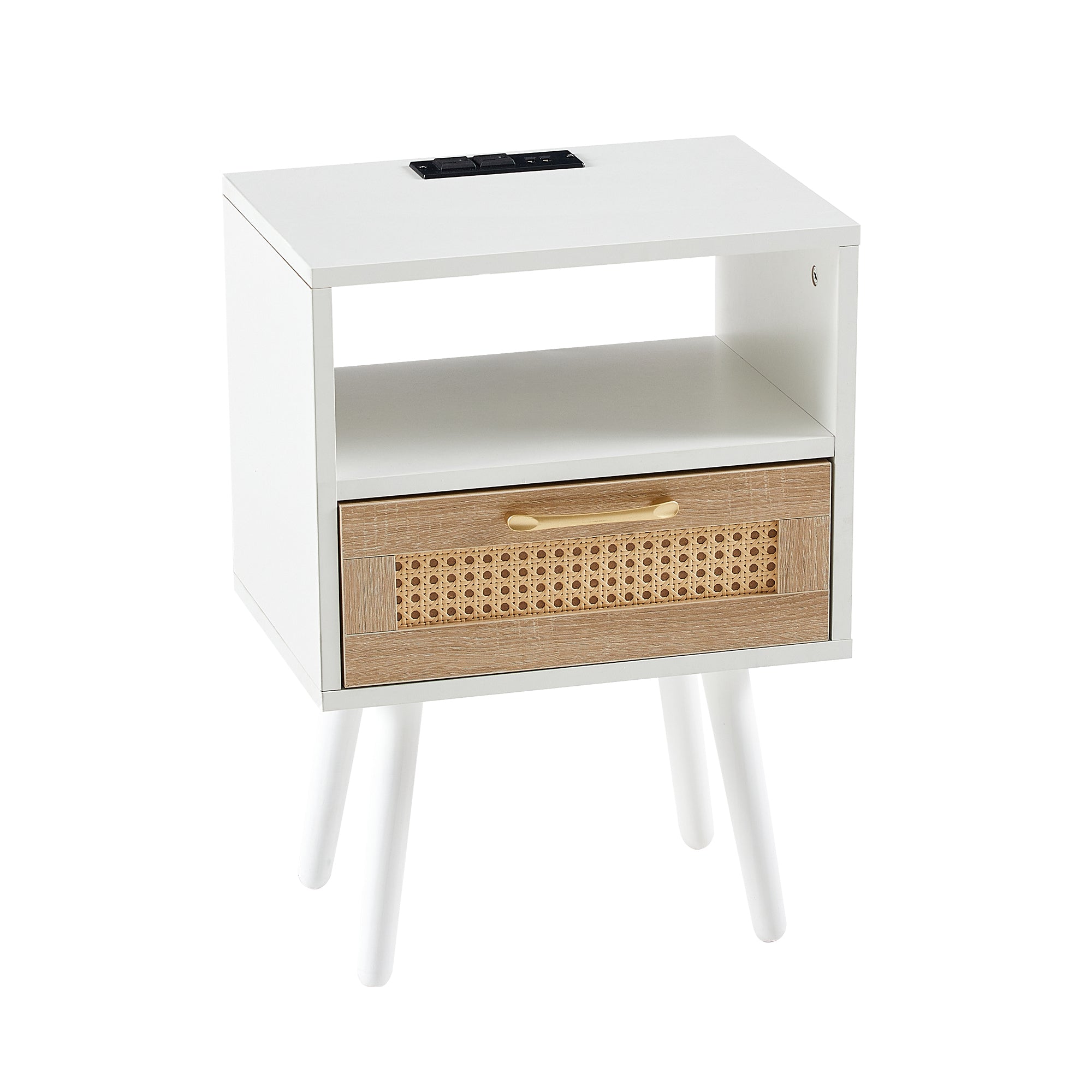 15.75" Rattan End table with Power Outlet  & USB Ports , Modern nightstand with drawer and solid wood legs, side table for living room, bedroom, white