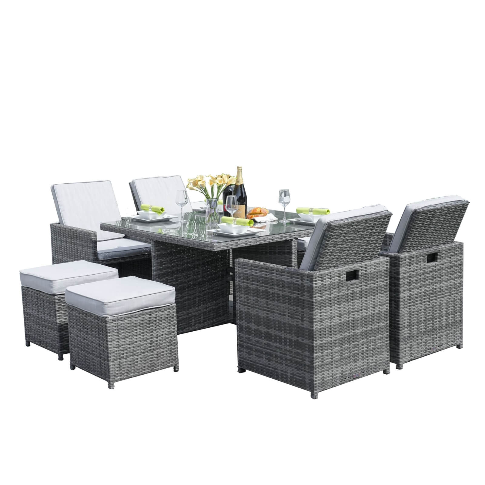 8-Seat Outdoor Dining Set with Cube Table and Ottomans (PAD-3233B)