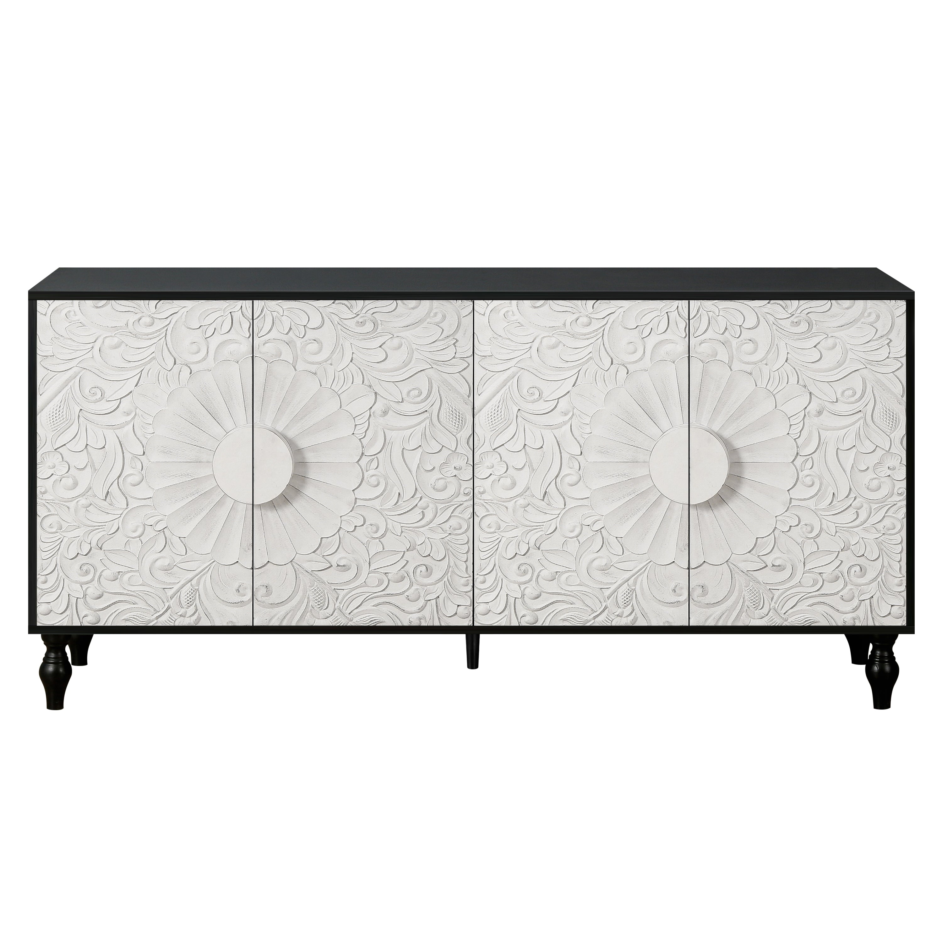 Vintage White Large Faceted Carved And Spliced Doors Combined With Black Frames For TV Stand Table,Sideboards, Accent Cabinets