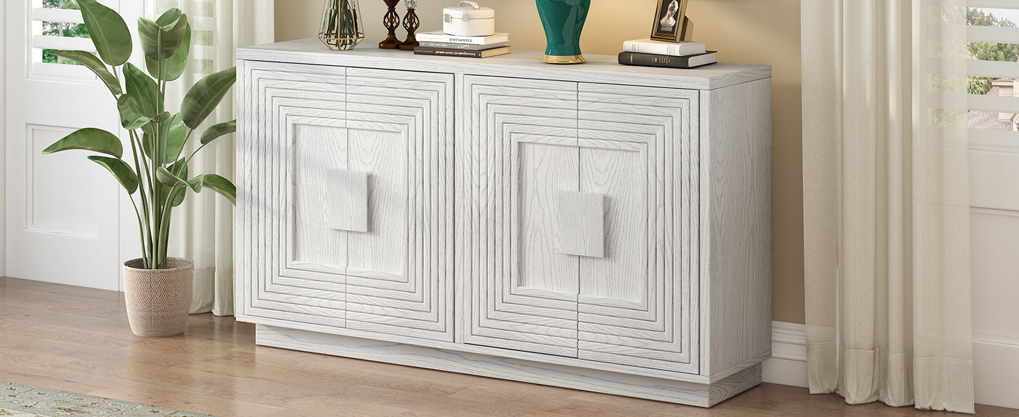 TREXM Vintage Distressed 4-Door Sideboard with Adjustable Shelves and Geometric Pattern for Dining Room, Kitchen and Living Room (Antique White)